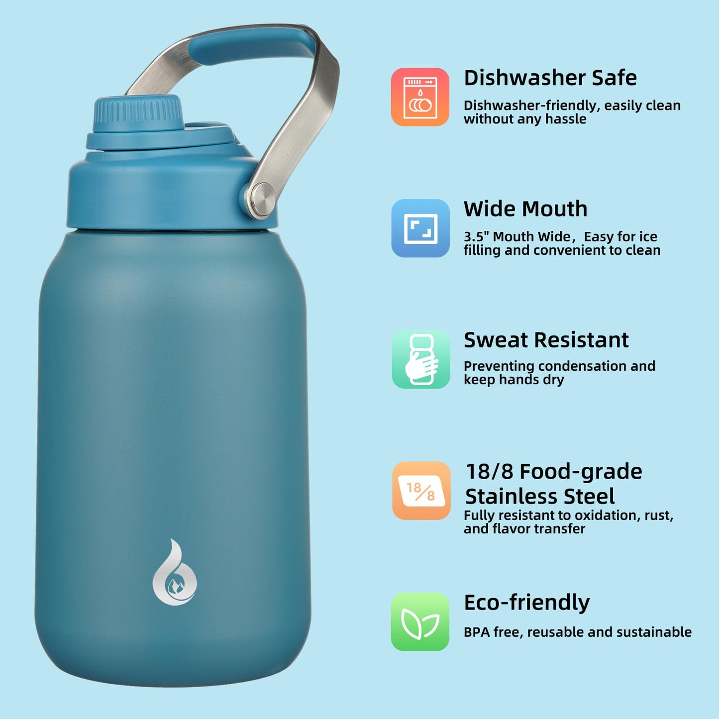 BJPKPK Half Gallon Insulated Water Bottles, 64oz Water Jug with Metal Handle & BPA Free Spout Lid, Dishwasher Safe Thermo, Large Stainless Steel Gym Sport Jugs, Navy Blue