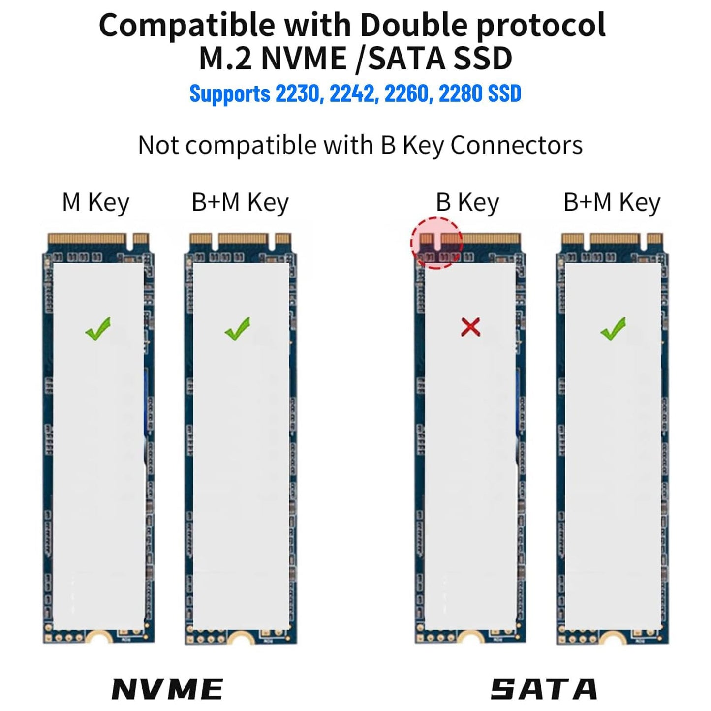 SSK Aluminum M.2 to USB NVMe SATA SSD Enclosure Reader, Tool-Free USB 3.2 Gen 2 10Gbps NVMe PCI-E 6Gbps SATA M-Key / B+M Key Solid State Drive External Adapter with UASP Trim, for SSDs 2242 2260 2280