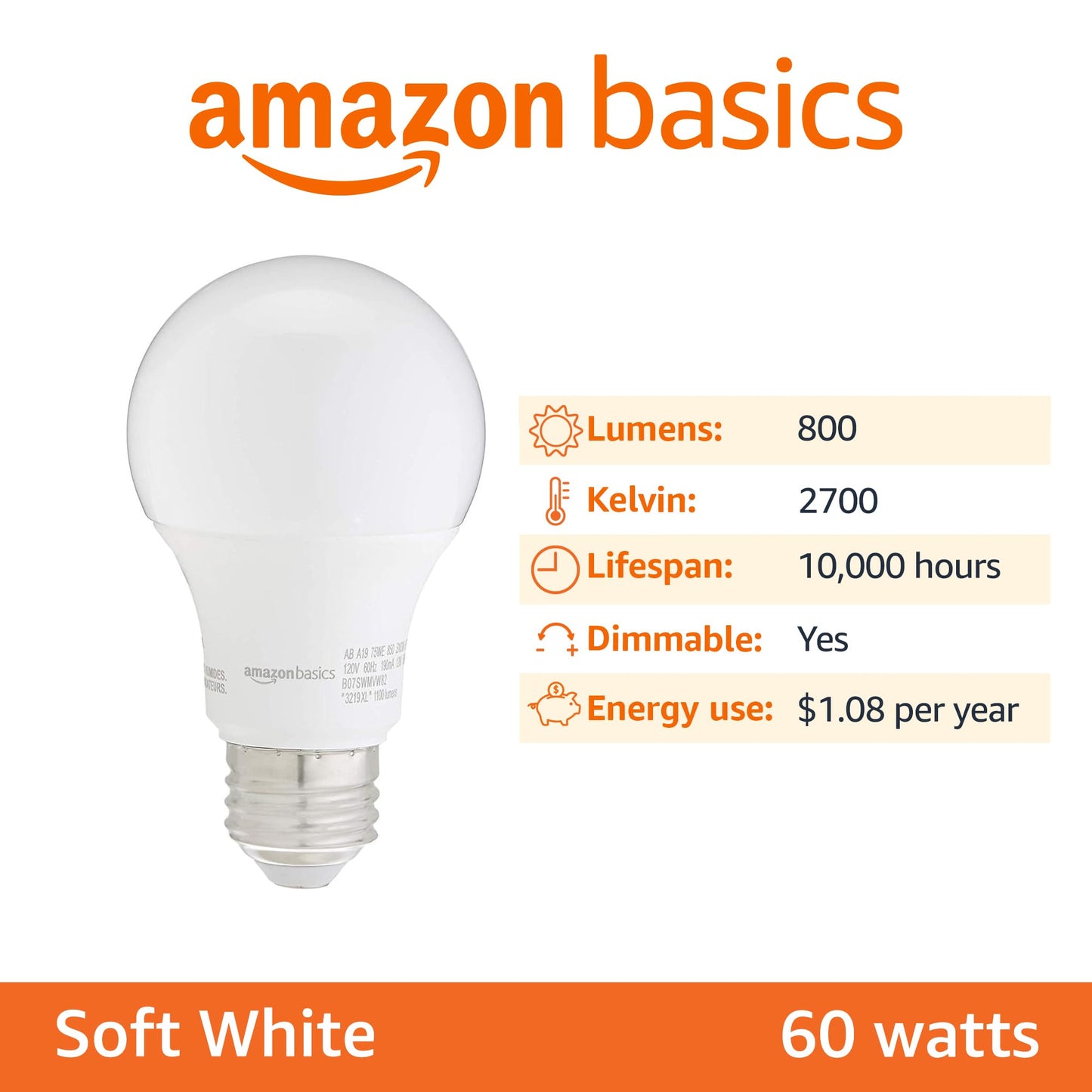 Amazon Basics A19 LED Light Bulbs, 60 Watt Equivalent, Energy Efficient 9W, E26 Standard Base, Soft White 2700K, Dimmable, 10,000 Hour Lifetime , 6-Pack