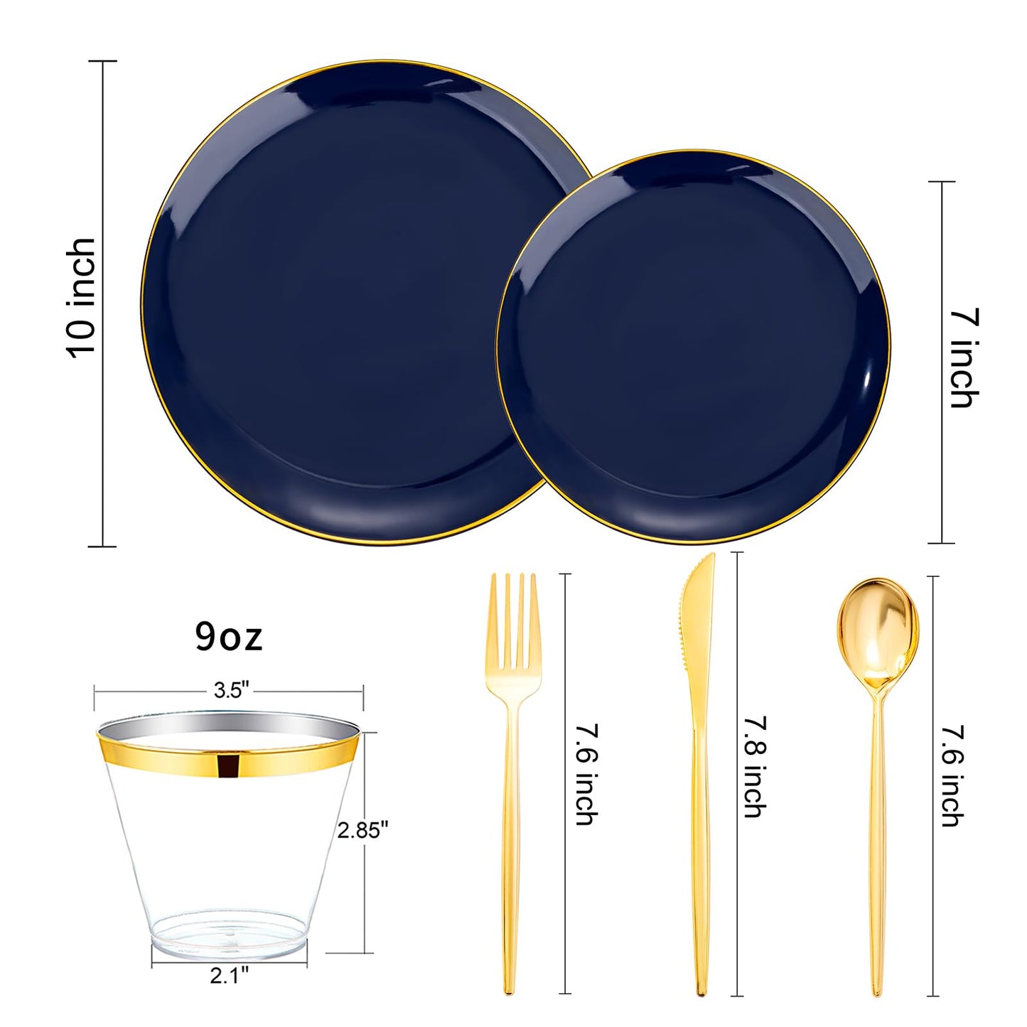 bUCLA 150PCS Blue and Gold Plastic Plates - 25 Guests Navy Blue Plastic Dinnerware Disposable for Party - Include 25 Dinner/Dessert Plates, 25 Knives, 25 Forks, 25 Spoons, 25 Cups