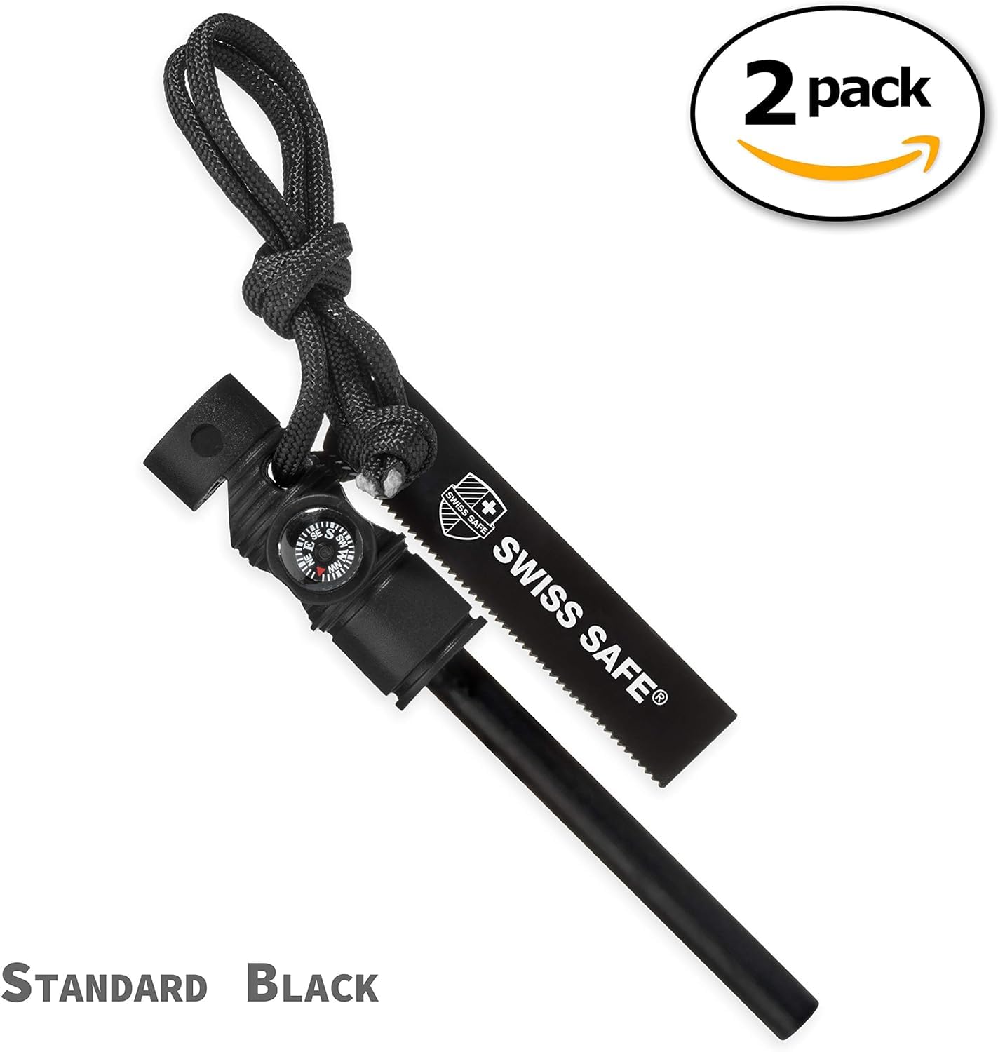 Swiss Safe 5-in-1 Magnesium Ferro Rod Fire Starter Survival Tool - Flint & Steel Striker, Compass, Paracord & Whistle - Emergency Kit for Backpacking, Camping, Hiking - All-Weather - Black, 2-Pack