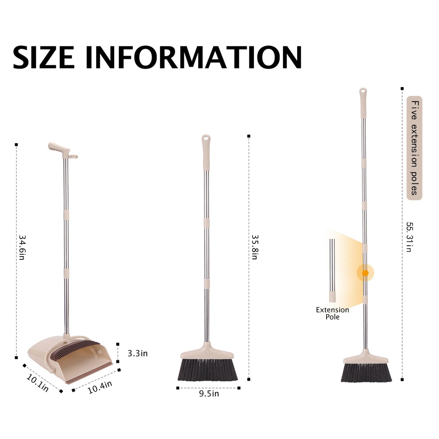 XXFLOWER Broom and Dustpan Set with Long Handle, Light Weight Stainless Steel Poles Stand Upright Dustpans with Broom Combo for Home Kitchen Office Pet Dog Hair, Brown & Beige Color, 1-Pack
