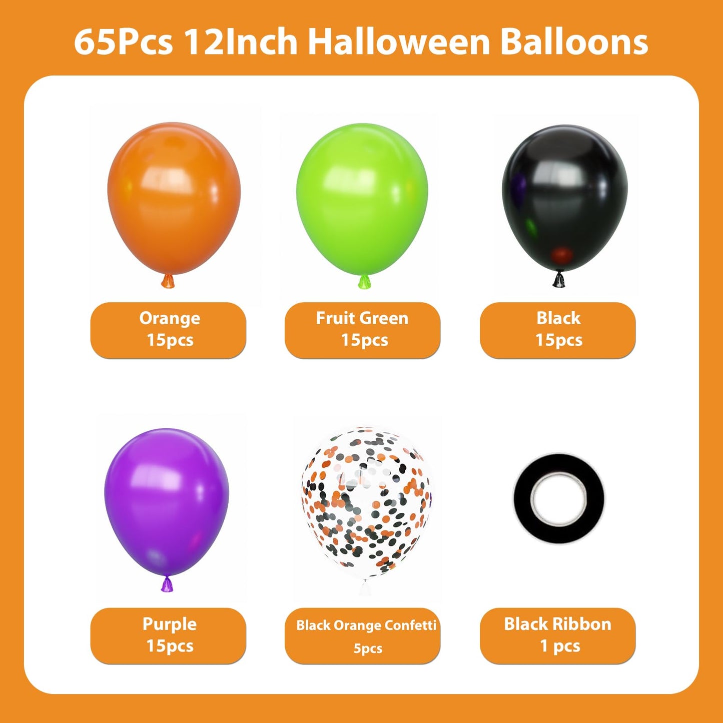Halloween Balloons Set, 65Pcs 12Inch Black Orange Purple Green Balloons Kit, Black and Orange Latex Balloons for Birthday Wedding Halloween Party Decorations