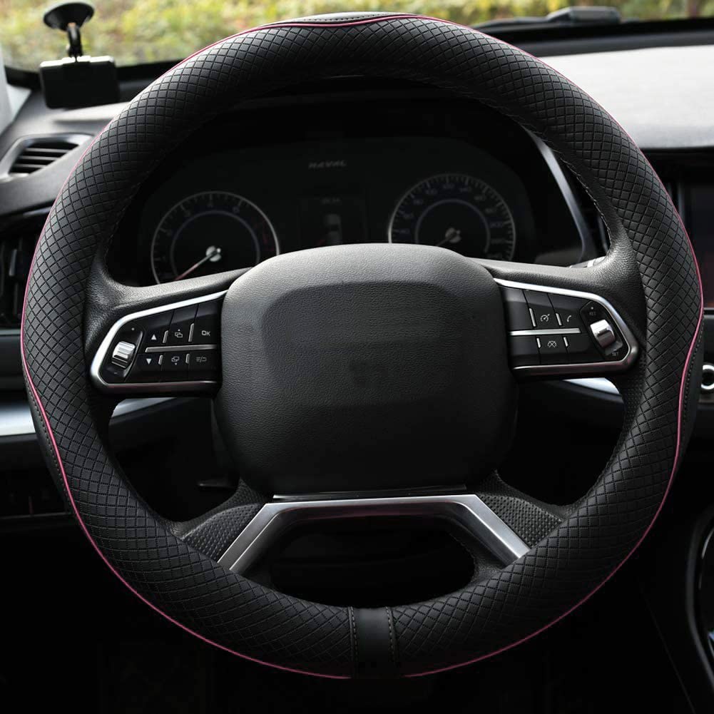 Rueesh Microfiber Leather Steering Wheel Cover Anti-Slip Matte Finish Auto Car Wheel Cover Universal 15 Inch Wheel Cover for Car Embossing Pattern (Pink Line)