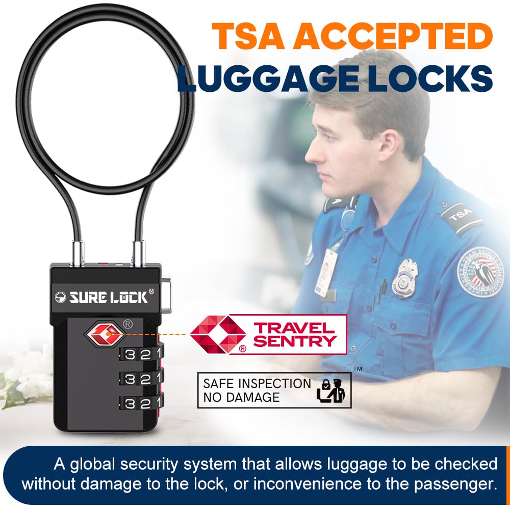 SURE LOCK TSA Approved 3-Digit Combination Luggage Locks – Open Alert Indicator, Re-settable Code with Zinc Alloy Body, Easy-Read Dials for Suitcase, Backpack, Gym Locker & Toolbox(Extra Long Cable)