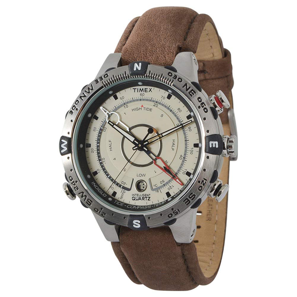 Timex Men's T2N721 Intelligent Quartz Compass Tide Temperature Silver Case Brown Strap Watch