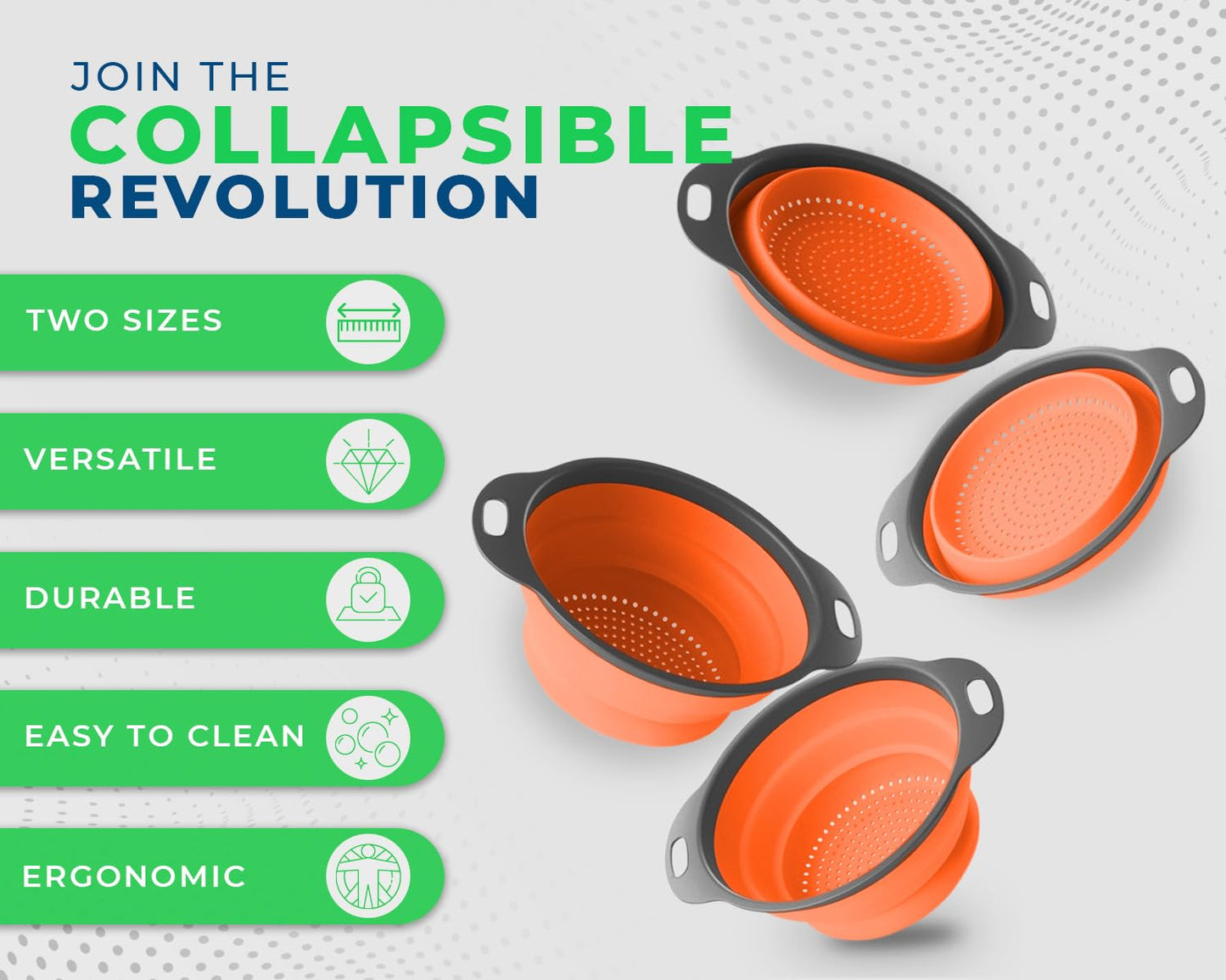 Comfify 2 pcs Colander Set, Collapsible Colanders, Sink Strainers for Kitchen, 2 & 3 qt / 8" & 9.5" Size, Orange