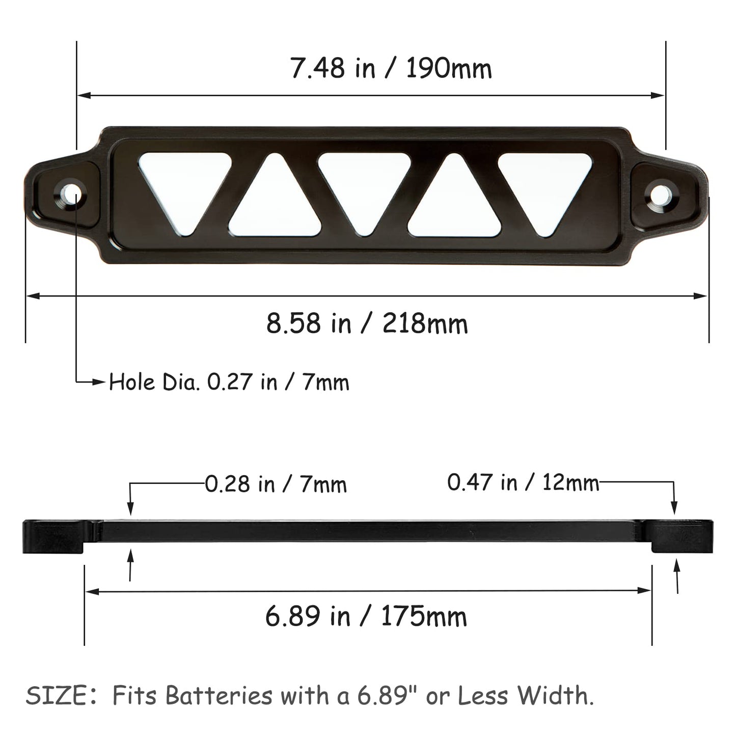 Battery Hold Down Bracket, Aluminum Alloy Battery Tie Down Bracket, Battery Tray for Car Battery Mount Bracket Hold Lock Accessories, Car Battery Lock Down- with 10inches J Bolts (Black)