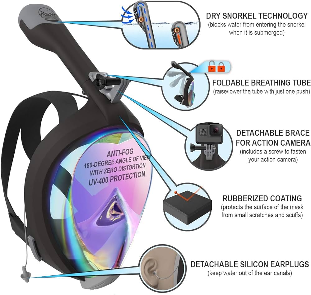 Aleoron - Foldable Snorkel Mask Full Face for Adults - Latest Dry Top System 180 Panoramic Snorkeling Mask with Camera Mount Safe Breathing Anti Fog