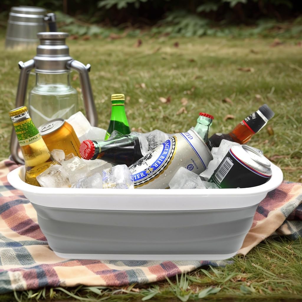 SAMMART 9.2L (2.37Gallon) Collapsible Tub - Portable Outdoor Picnic Basket/Crater - Foldable Shopping Bag - Space Saving Storage Container (M, Gray)