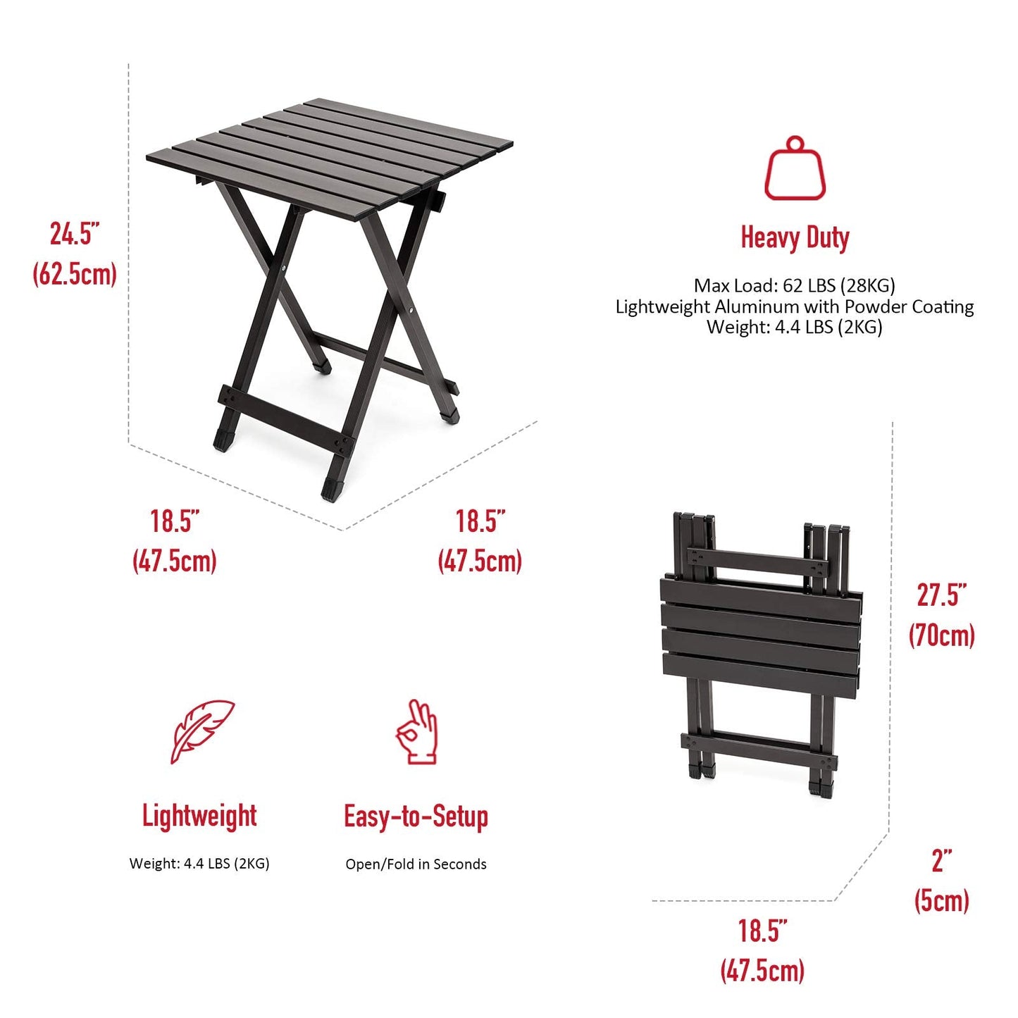 SUNNYFEEL Folding Camping Table - Lightweight Aluminum Portable Picnic Table, 18.5x18.5x24.5 Inch for Cooking, Beach, Hiking, Travel, Fishing, BBQ, Indoor Outdoor Small Foldable Camp Tables