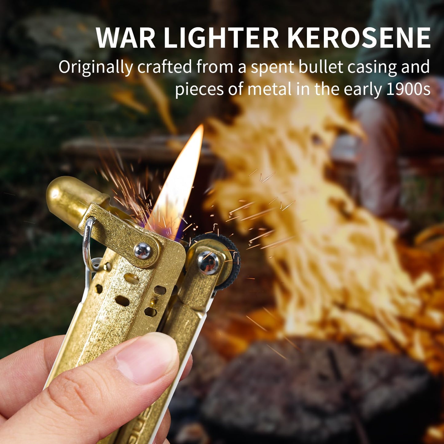 Handmade Trench Lighter WWI WWII Windproof Vintage Kerosene Pipe Lighter and Copper Brass Fuel Bottle, Gift for Men Dad Father Husband Grandparents