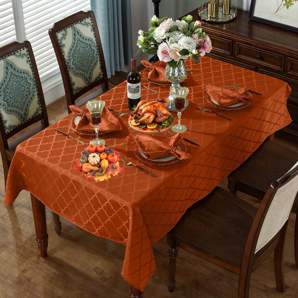 SASTYBALE Rust Jacquard Damask Tablecloth - 60x84 Inch Rectangle (Fits 6-8 Seats) - Fall Thanksgiving Decor - Water Resistant, Wrinkle-Free Polyester, Rustic Harvest Dining Cover for Parties