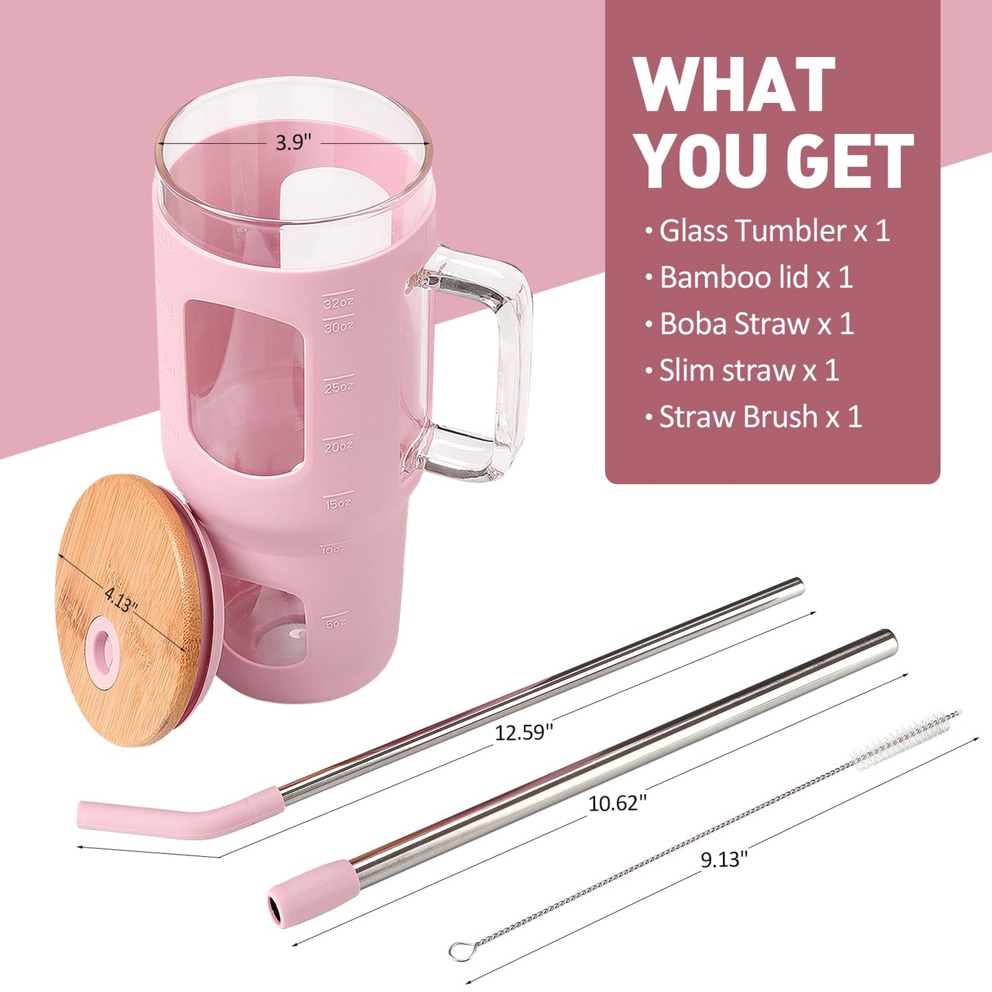 WINSA Glass Tumbler with Straw and Lid, 32 oz Glass Cup with Handle, Glass Water Bottles with Time Marker, 2 Straws - Pearl Straw & Drinking Straw Silicone Protective Sleeve-Pink