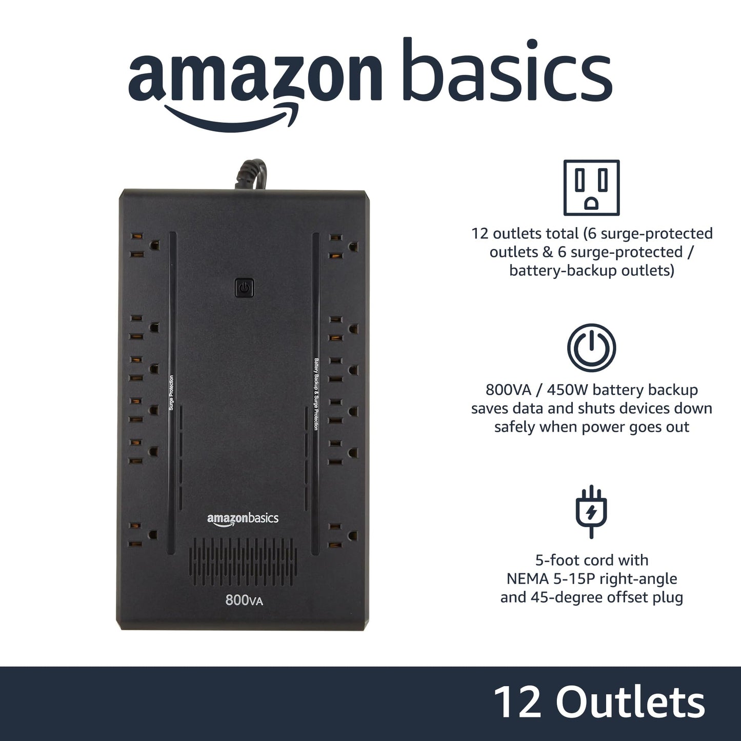 Amazon Basics UPS Battery Backup & Surge Protector 800VA/450W, 12 Outlets, Standby Uninterruptible Power Supply, for Power Outage Protection, Compact, Black