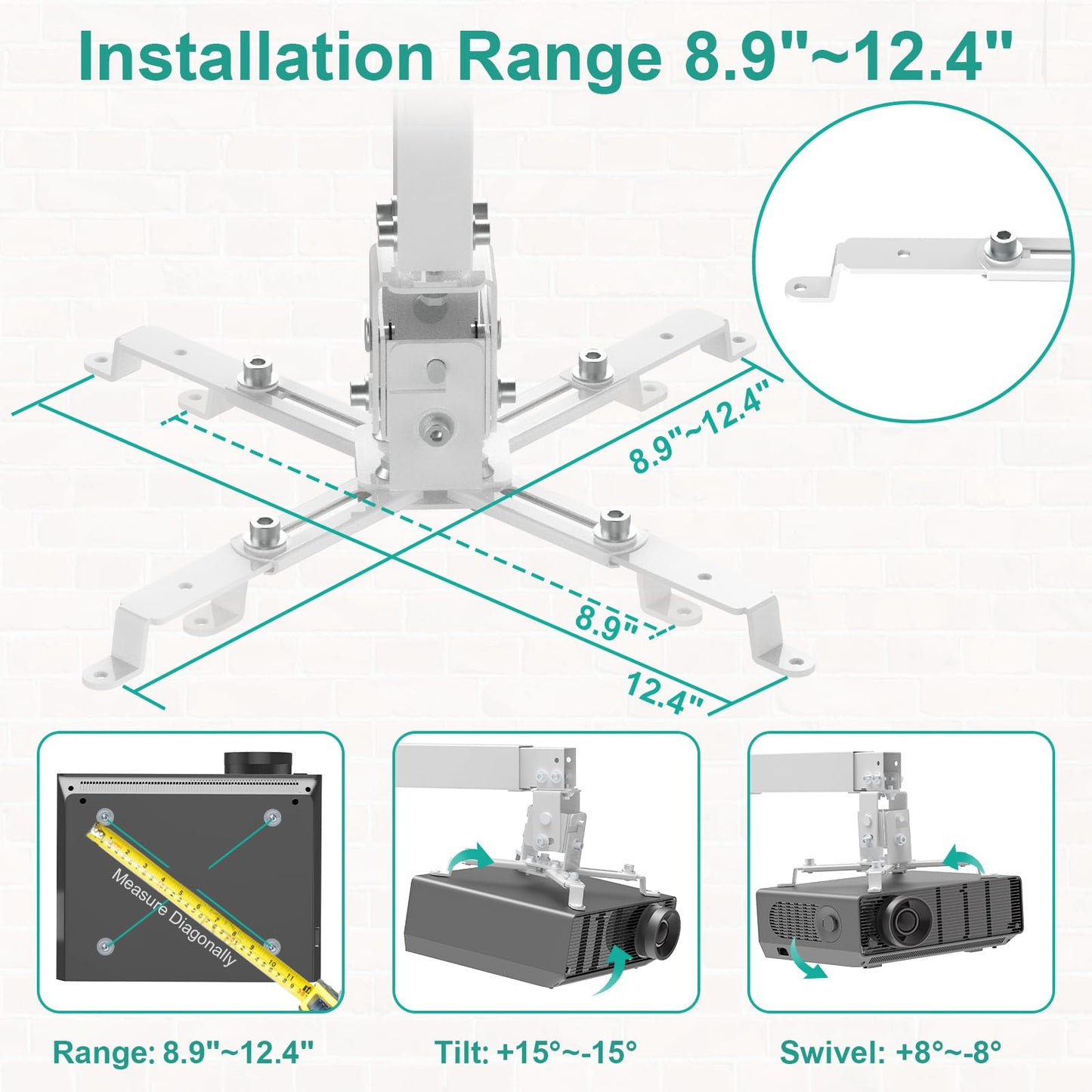 WALI Projector Mount Ceiling/Wall - Universal 3-in-1 Bracket with Extension Pole, Height Adjustable Holder for LCD/DLP Projectors, Supports up to 44lbs, White (PM-003-W)