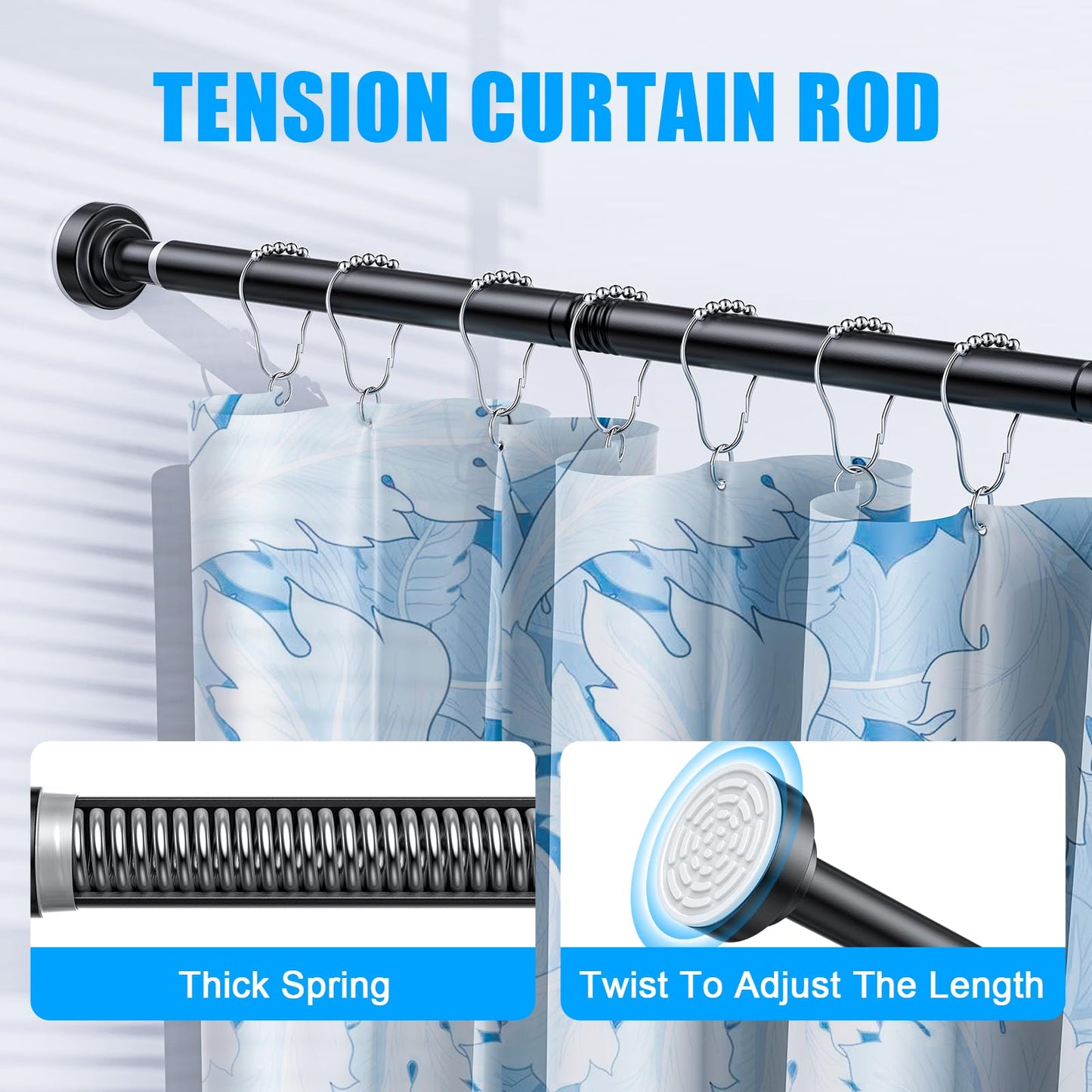 TEECK Shower Curtain Rod, 27-76 inch Adjustable Spring Tension Curtain Rod, Never Rust Anti-Slip Shower Curtain Rod for Bathroom, No Drilling, Never Collapse, Easy to Use, Black