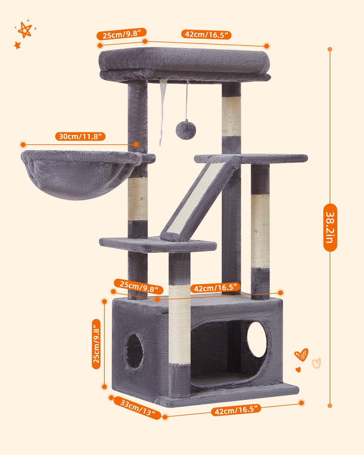 Taoqimiao Cat Tree,38.5-Inch Cat Tower for Indoor Cats,Suitable for Kittens with Luxurious cat condo with Adjustable Baskets and Luxurious Perch MS029SG Smoky Gray