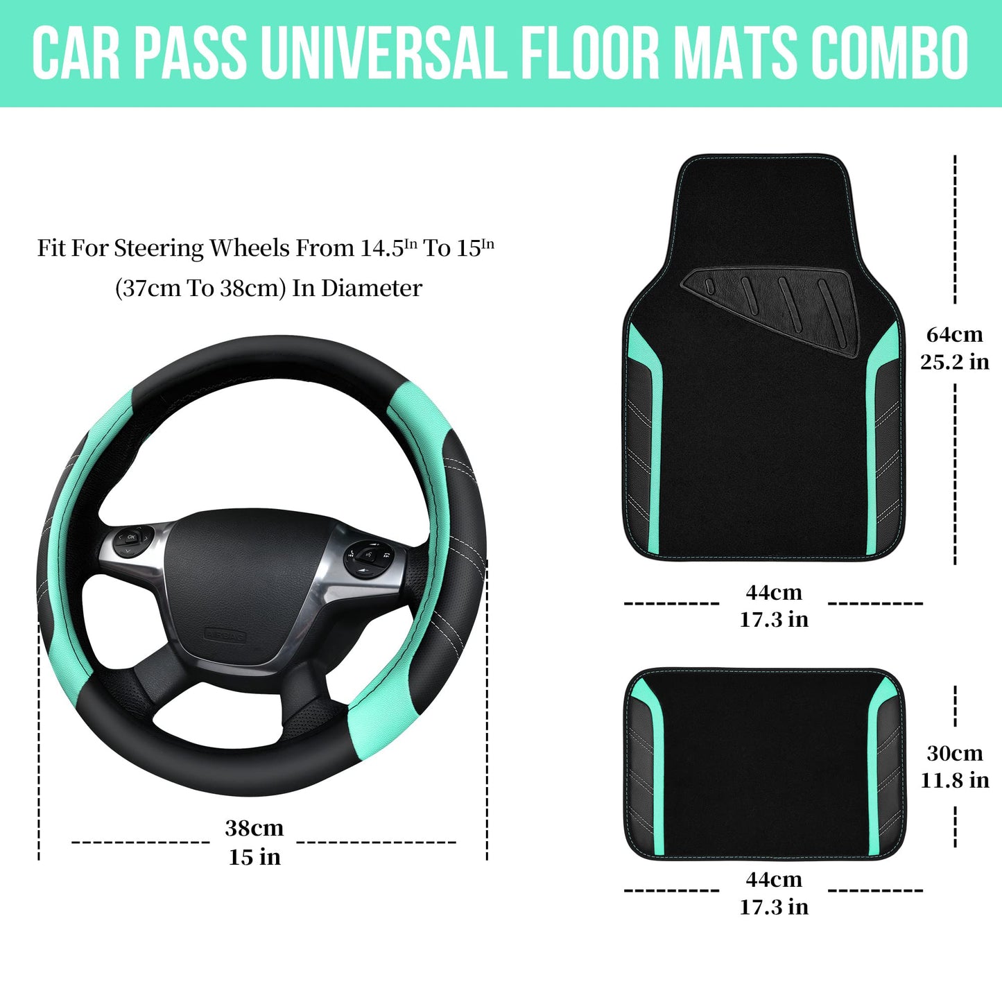 CAR PASS Leather Steering Wheel Cover and Waterproof Car Floor Mats,Microfiber Universal Car Combo Fit for 95% Sedan,SUV,Cars,14.5-15inch Sporty Anti-Slip Safety Comfortable Design(Black&Mint)