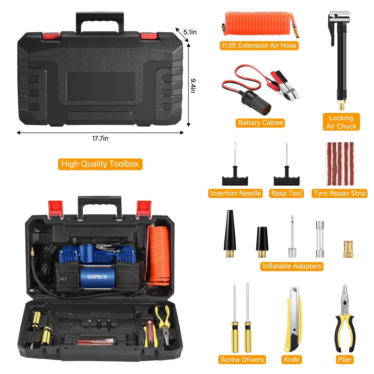 GSPSCN Portable Air Compressor Pump Tire Inflator with Digital Gauge, Heavy Duty Double Cylinder 12V Tire Pump 150 PSI with Tire Repair Kit and Toolbox for Auto,SUV,Off-Road,Truck,Bike (Blue)