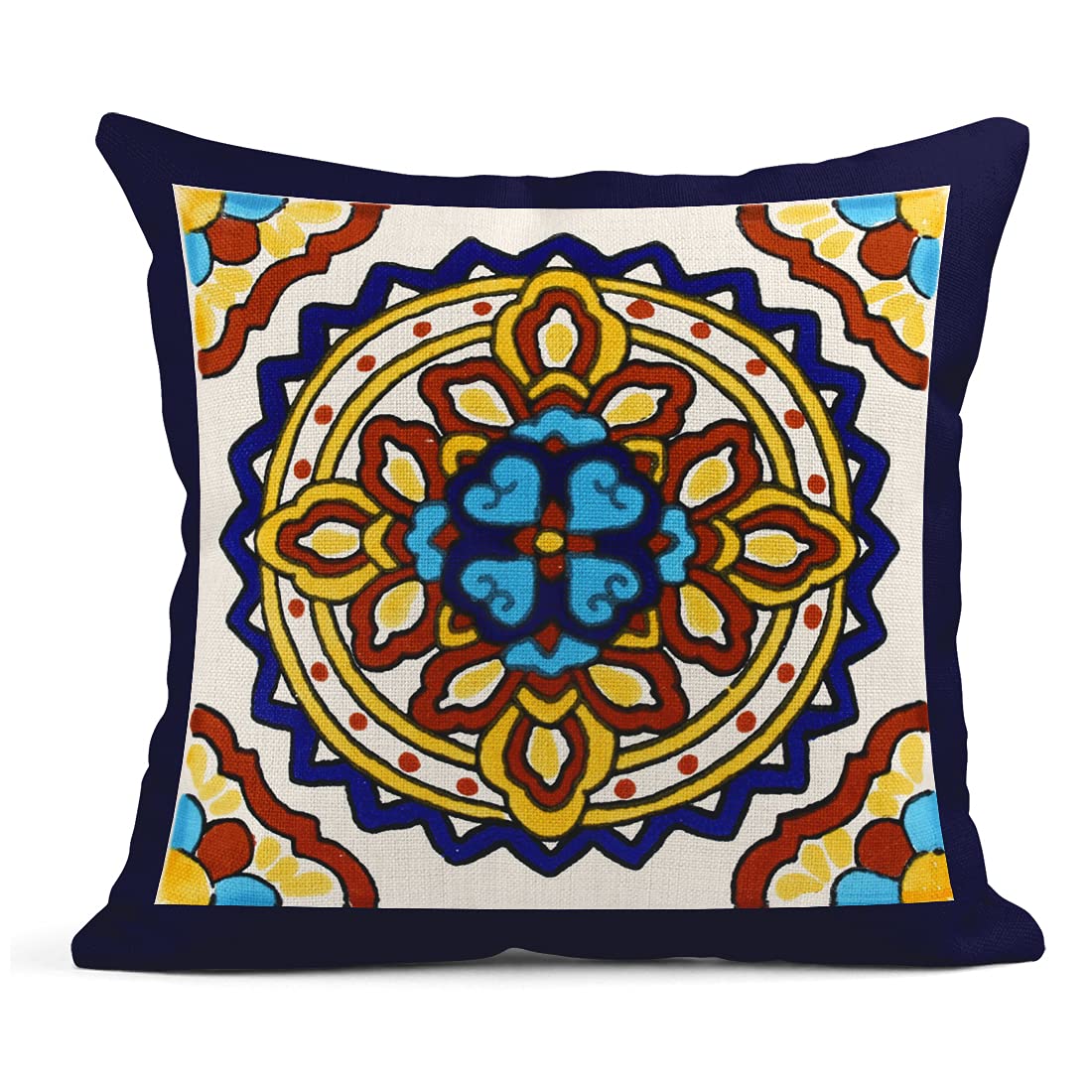 Semtomn Set of 4 Linen Throw Pillow Covers Spanish Talavera Exotic Geometry Dark Retro Ethnic Home Decorative 18"x18" Flax Pillow Cases Cushion Square Pillowcases