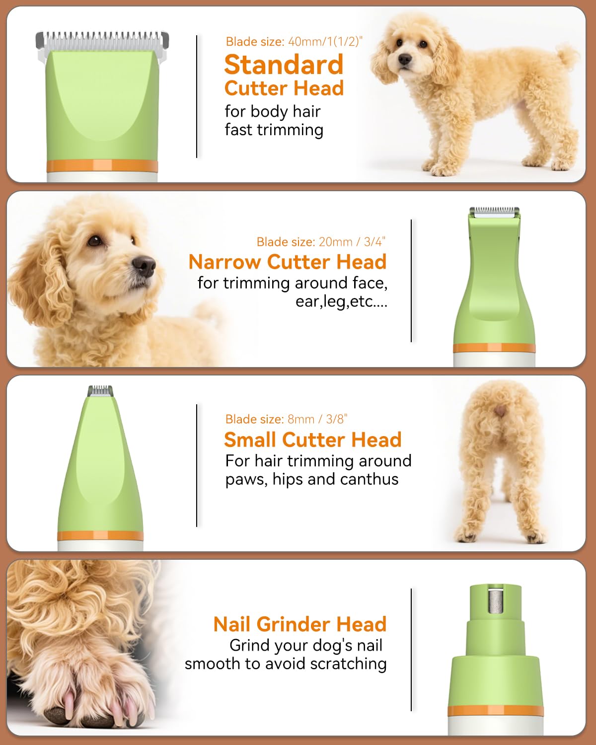 unibono Dog Grooming Kit with Paw Trimmer, All-in-One Low Noise Electric Rechargeable Small Quiet Pet Clippers Foot Dog Hair Shaver with Stainless Steel Scissors and Comb for Dogs at Home (Green)