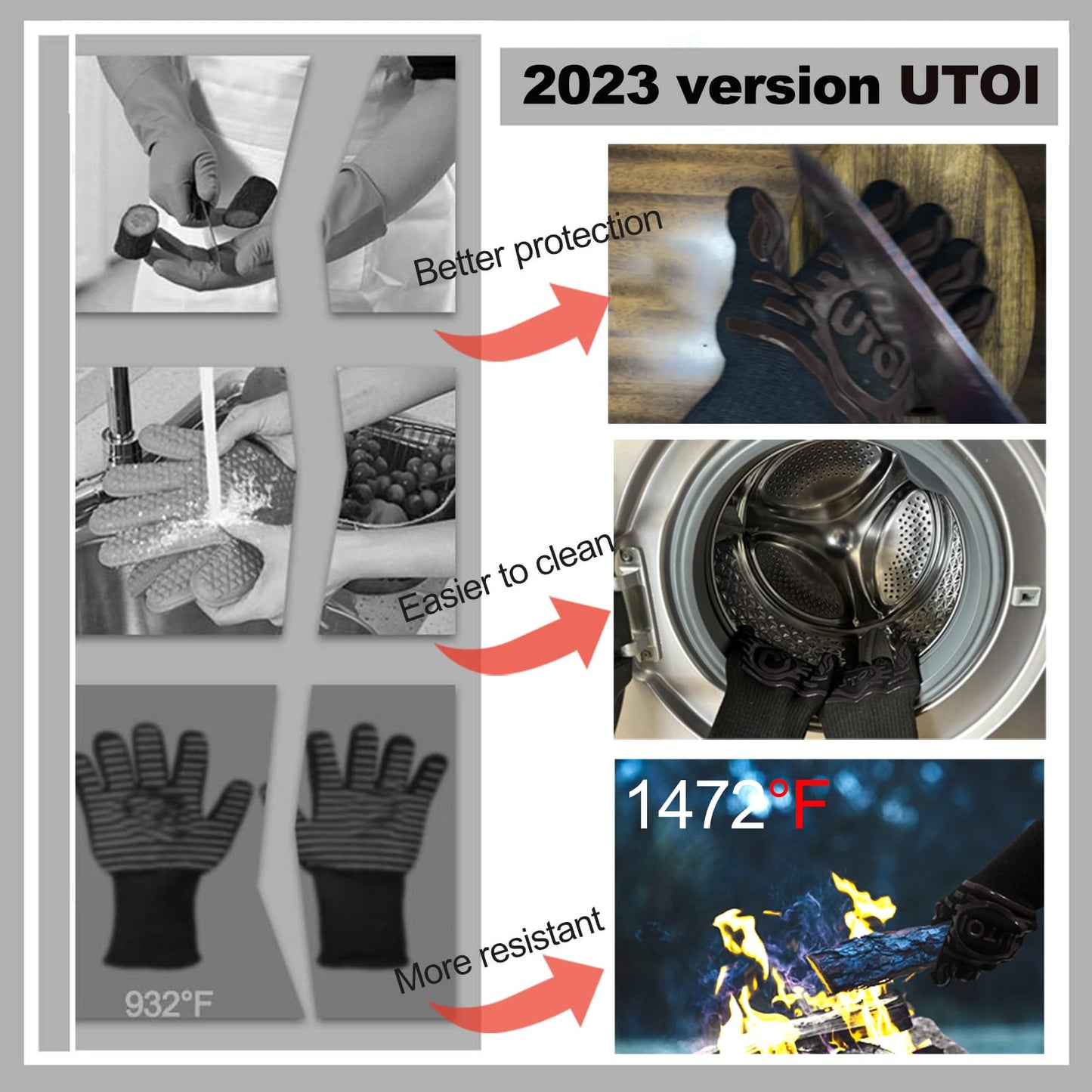 UTOI BBQ Grill Gloves, 1472F Heat Resistant Barbecue Oven Mitts, Silicone Non-Slip Cooking Gloves for Kitchen, Grilling and Baking, EN407 Certified, 13 inch Long, Black, XL Size, 1 Pair