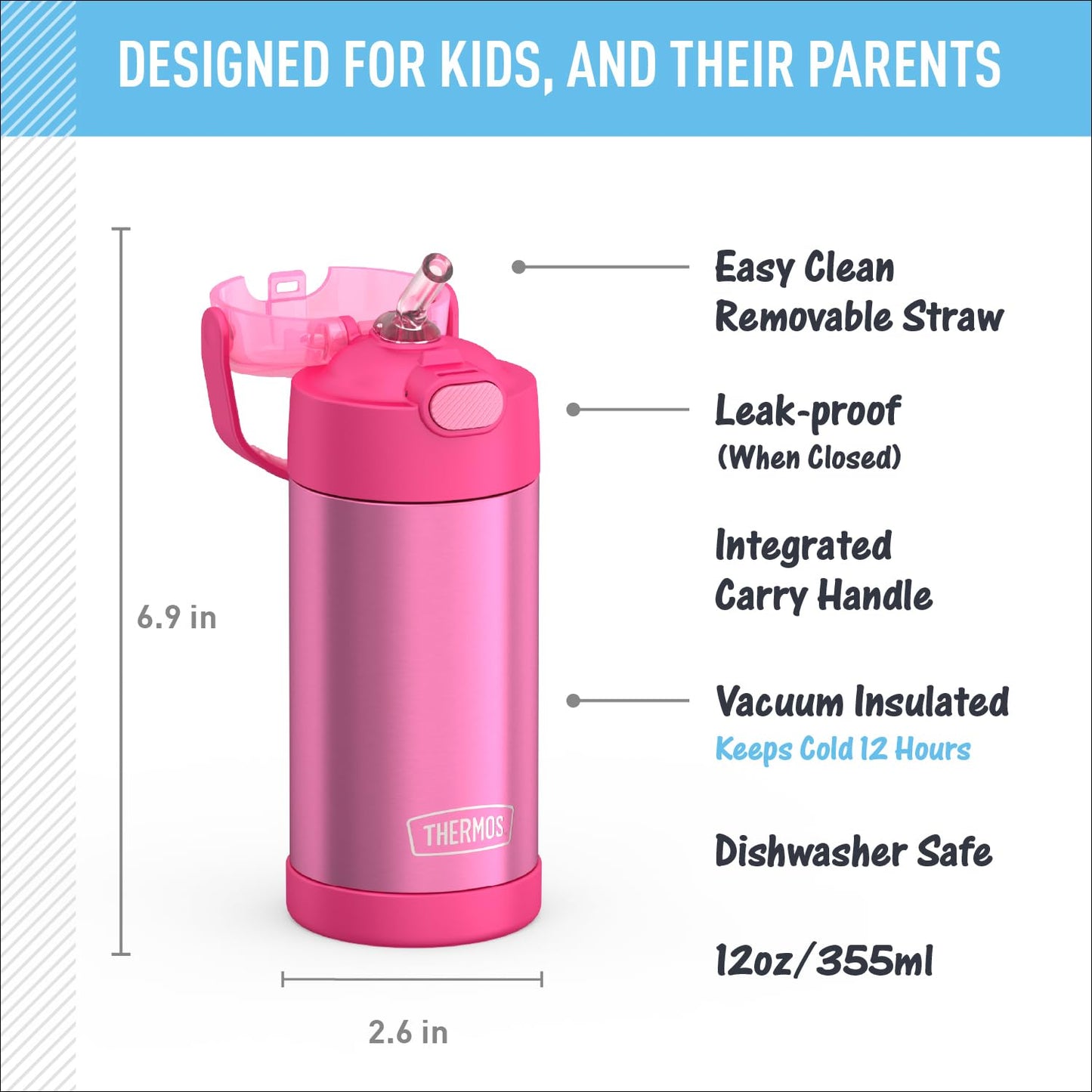 THERMOS FUNTAINER Water Bottle with Straw - 12 Ounce - Kids Stainless Steel Vacuum Insulated Water Bottle with Lid, Pink