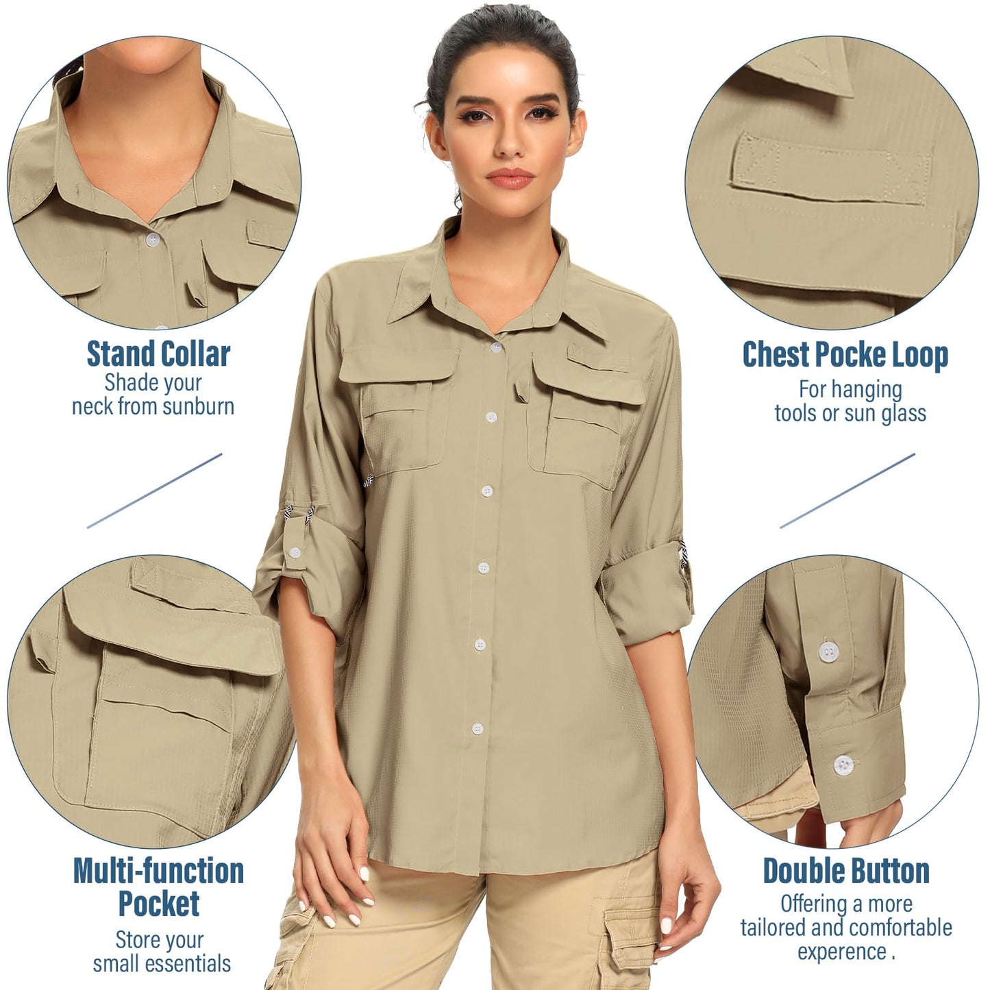 Women's UPF Long Sleeve Fishing Shirts Button Up Hiking Safari Shirts Sun Protection and Quick Dry,Khaki,XXXL