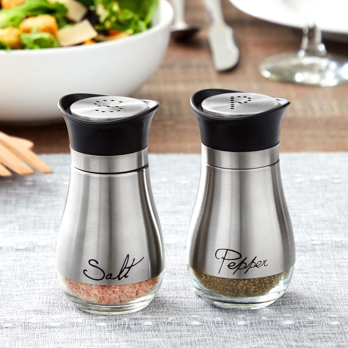 Stainless Steel Salt and Pepper Shaker Set with Glass Bottom, Perforated "S" and "P" Caps - Modern Kitchen Counter Decor (4oz)