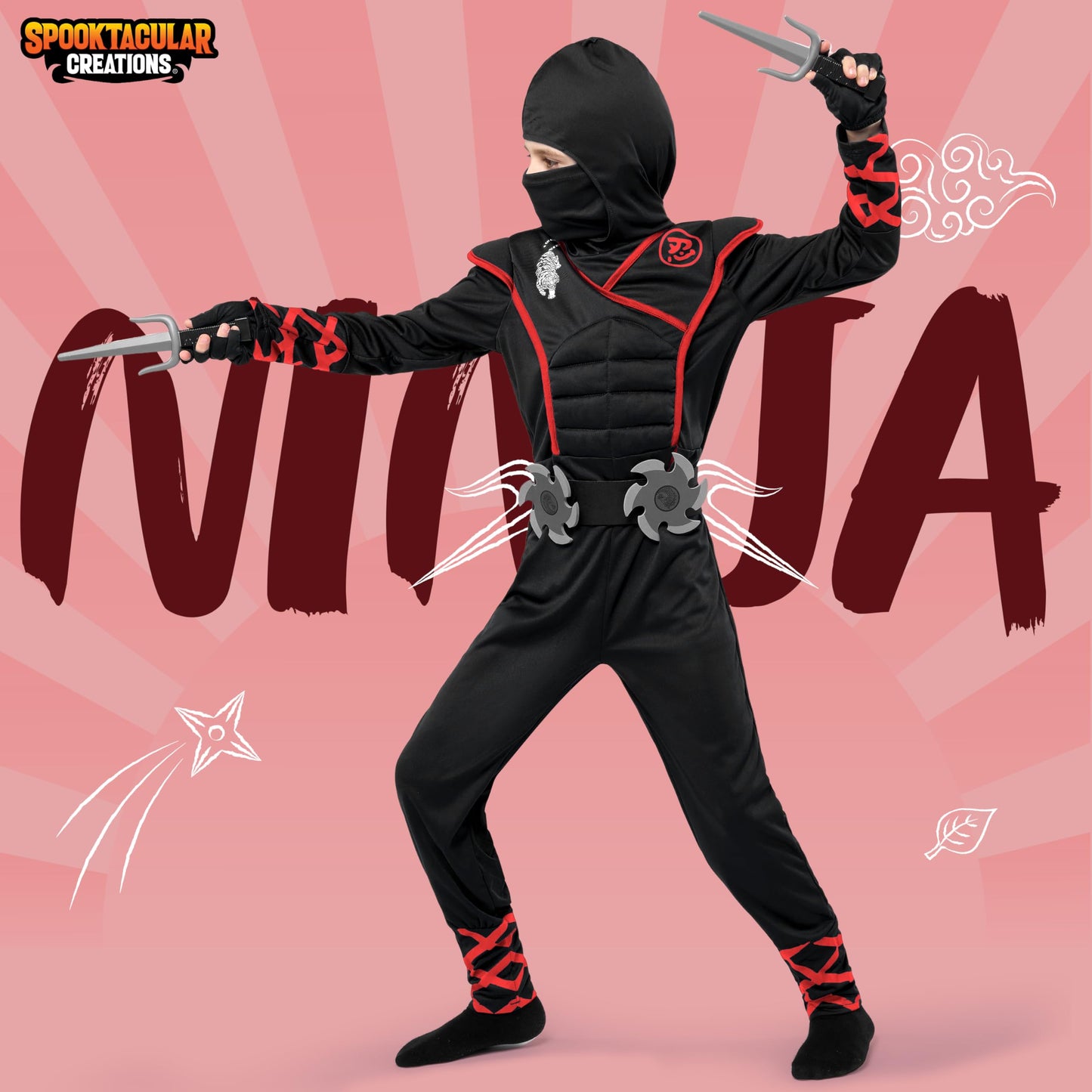 Spooktacular Creations Halloween Ninja Costume, Black Ninja Outfit Set for Kids, Halloween Costumes with Accessories for Boys Dress Up and Role Play Party (Small, 5-7 yrs)