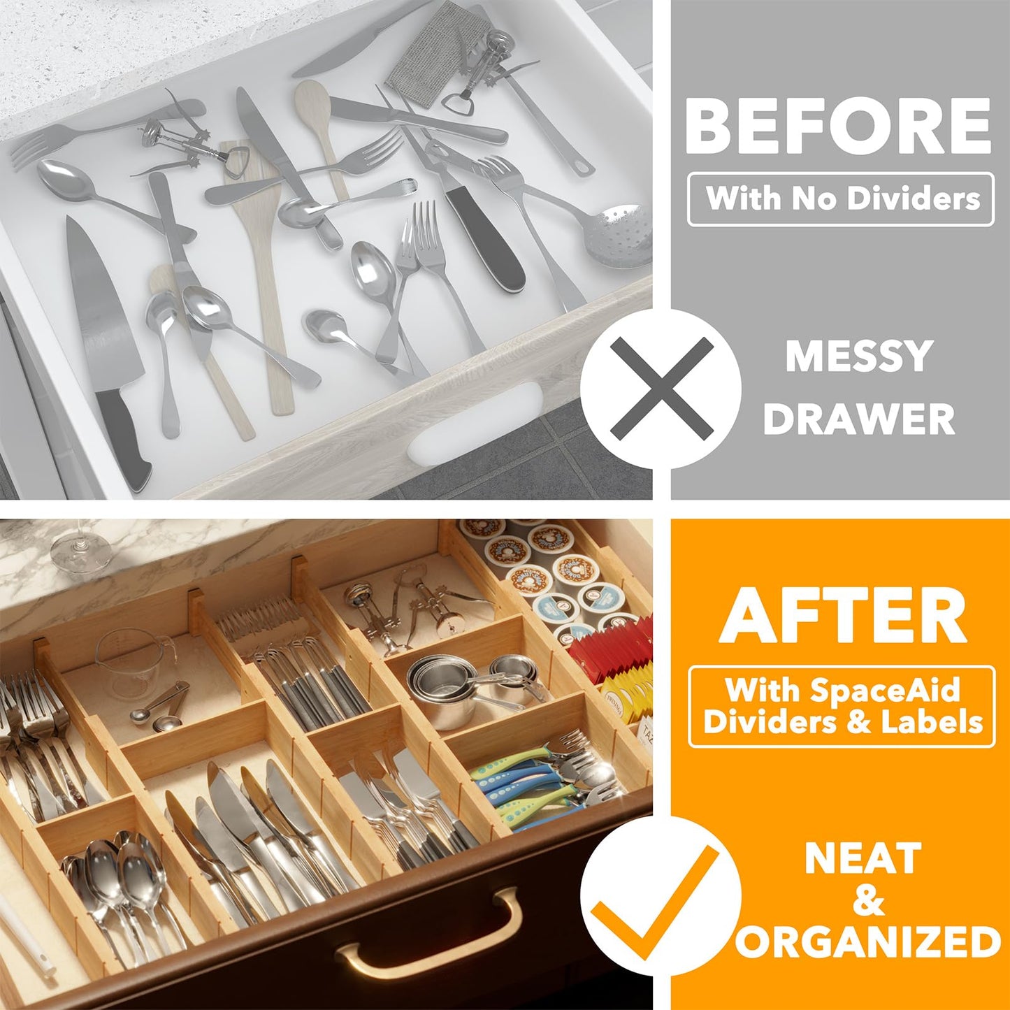 SpaceAid Bamboo Drawer Dividers with Inserts and Labels, Kitchen Adjustable Drawer Organizers, Expandable Organization for Home, Office, Dressers, 7 Dividers with 15 Inserts (17"-22" Natural)