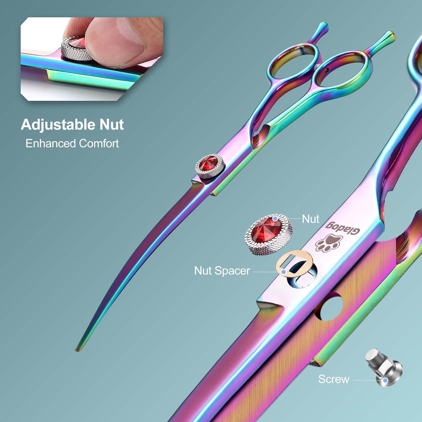 GLADOG 7 Inch Professional Dog Grooming Scissors Kit, Titanium Dog Scissors for Grooming, Heavy-Duty Dog Shears for Grooming, 6-in-1 Pet Grooming Scissors for Dogs (Pro Rainbow)