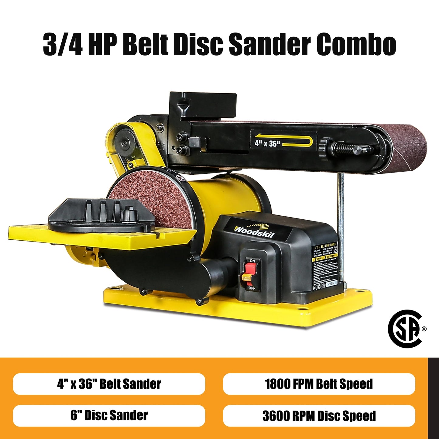 Woodskil 4.3A Belt Sander, 4 x 36 in. Belt & 6 in. Disc Sander, Double Dust Exhaust Port, Steel Base, 2Pcs Sandpapers Included