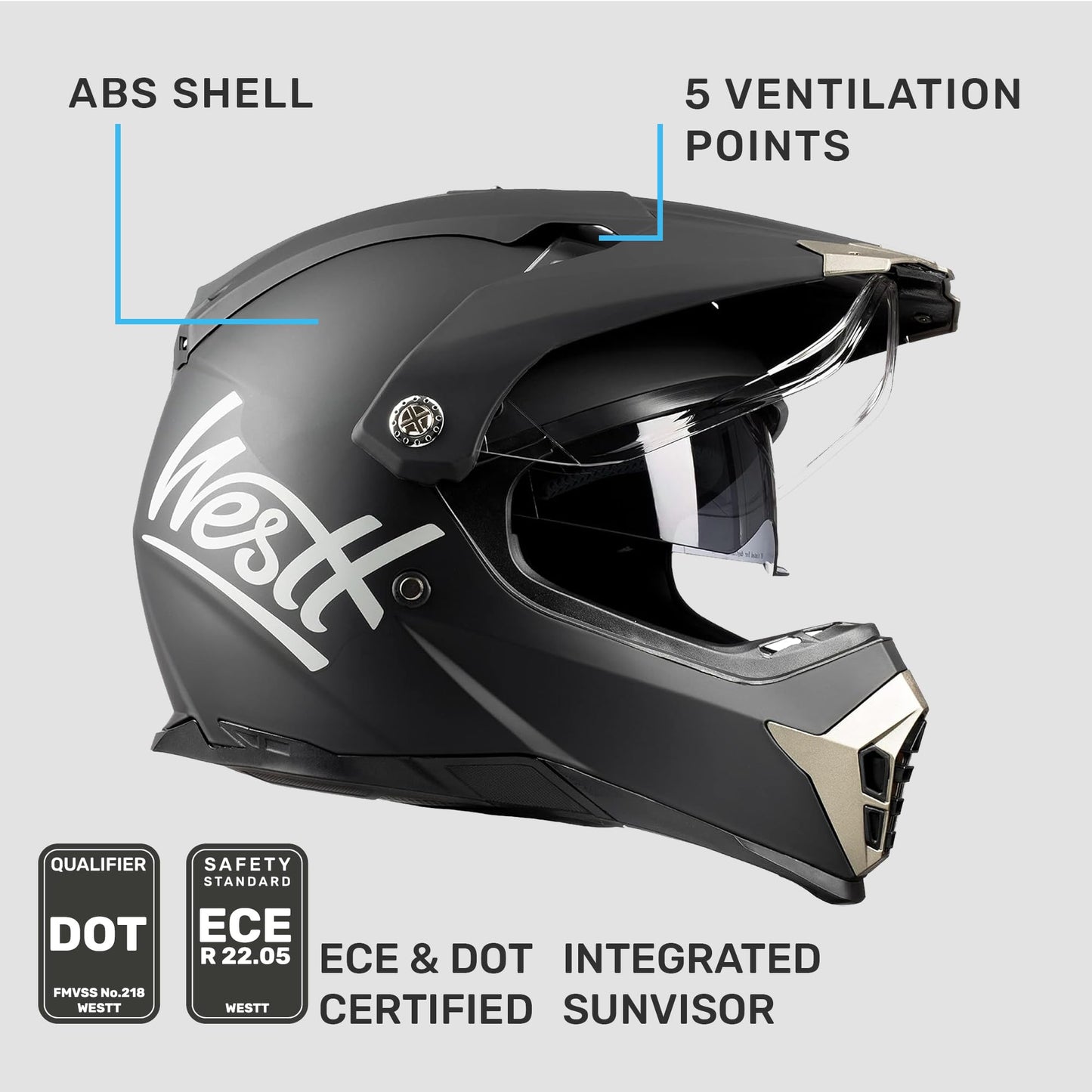 Westt Dual Sport Motorcycle Helmet Off-Road Helmets for Adults, Dual Visor Motorcycle Helmet - Full Face ATV UTV Helmet Dirt Bike Motocross Helmets DOT Approved