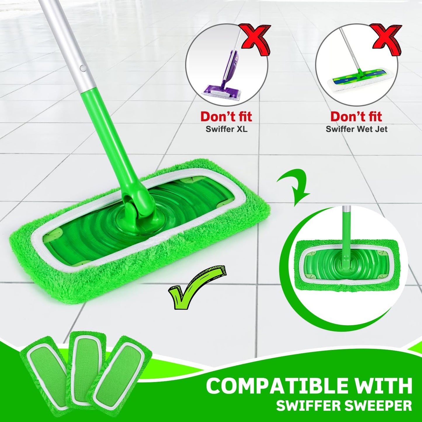 ZHAYAO Reusable Microfiber Mop Pads Compatible with Swiffer Sweeper, 3 Pack Dry Sweeping Cloths & Wet Mopping Cloths, Washable Pads for Hardwood Floor Cleaning (Mop is Not Included)