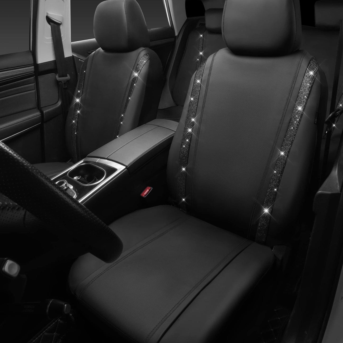 CAR PASS Leather Bling Diamond Car Seat Covers Full Set, Shining Rhinestone Waterproof Durable Rear with Zipper, Universal Fit Automotive Glitter Crystal Sparkle Strip for Cute Women Girly Black