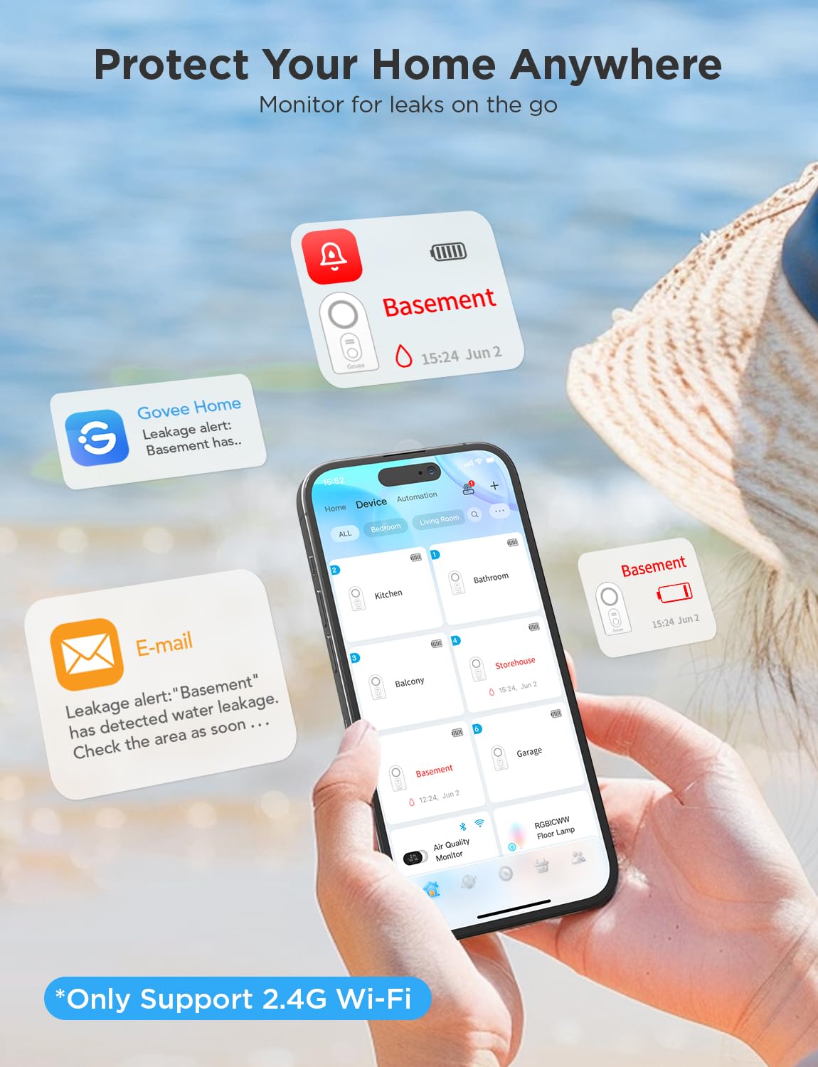 Govee WiFi Water Leak Detector 3 Packs, Leak Alert with Remotely Email/APP Push and Sound Alarm, Smart Water Sensor with 100dB Adjustable Alarm, Suit for Home and Basement