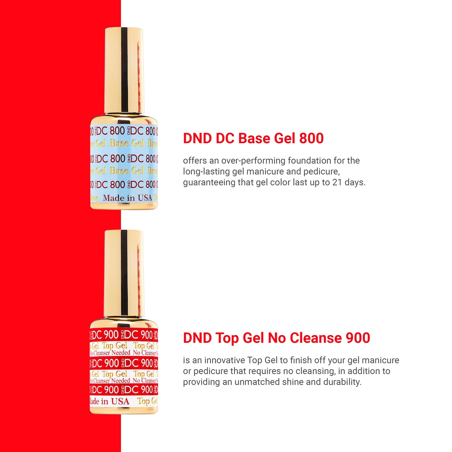 DND DC Base Gel and Top Gel Polish No Cleanse Set, UV/LED GelBase Polish 800 and No Cleanse Top Coat 900, Salon Professional Gel Polish Duo, 0.5 Fl Oz Each