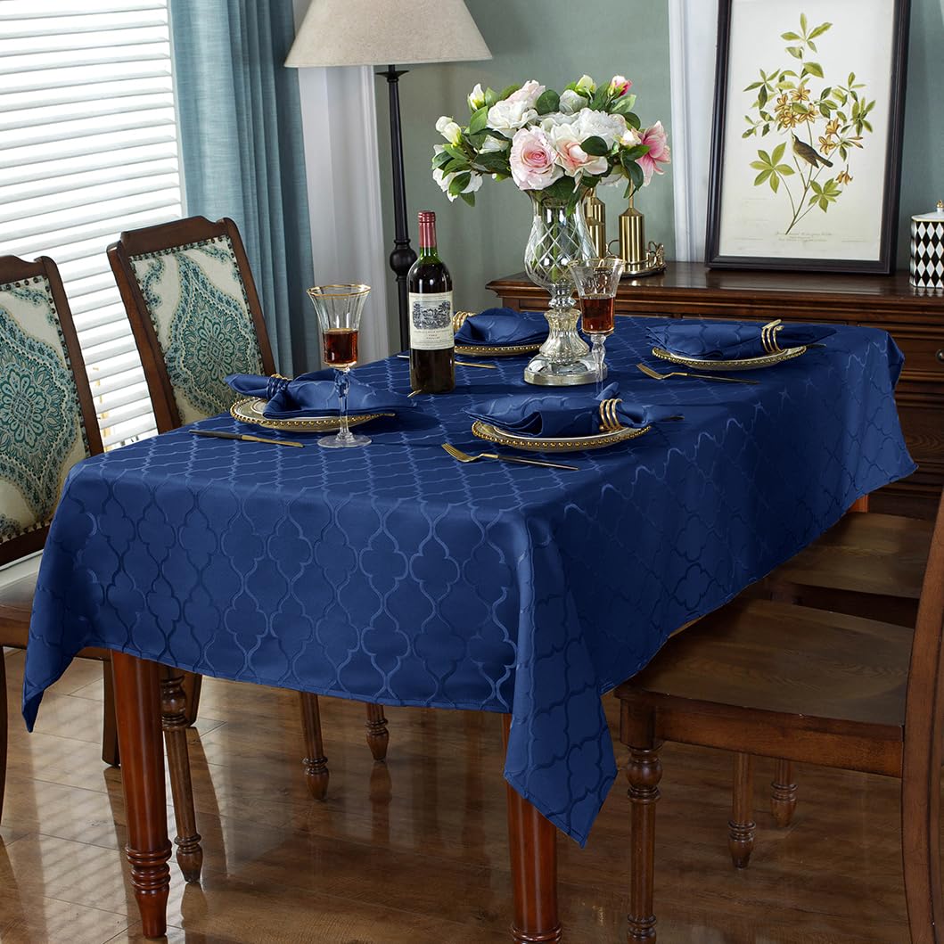 SASTYBALE Jacquard Tablecloth Flower Pattern Polyester Table Cloth Spill Proof Dust-Proof Wrinkle Resistant Table Cover for Kitchen Dining Tabletop Decor(Rectangle, 60" x 102" (8-10 Seats),Navy)