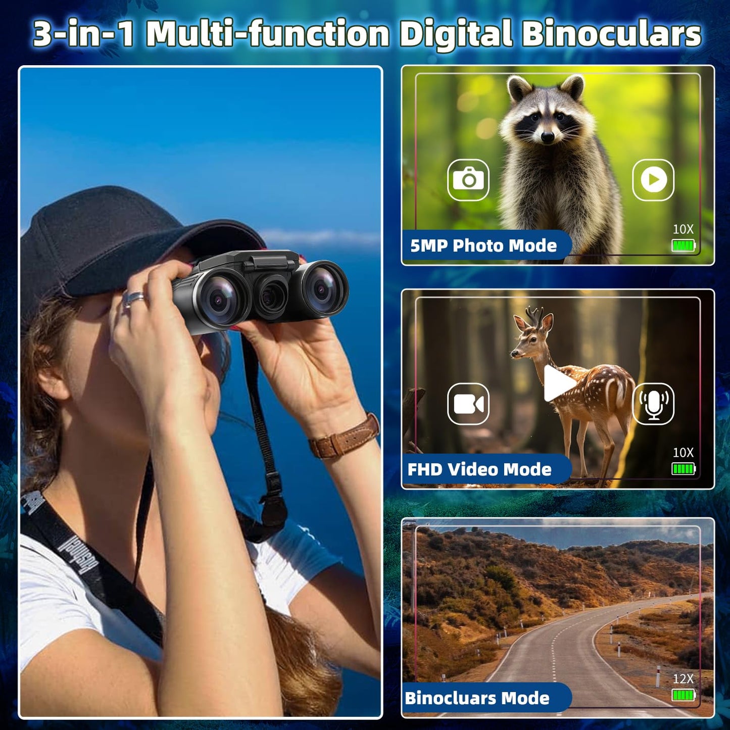 12x32 Binoculars for Adults, Digital Binoculars with Camera 5MP Photo Full HD Video 2" LCD Display Screen with 32GB Micro SD Card for Bird Watching Hunting Football Concerts Theatre (Silver)