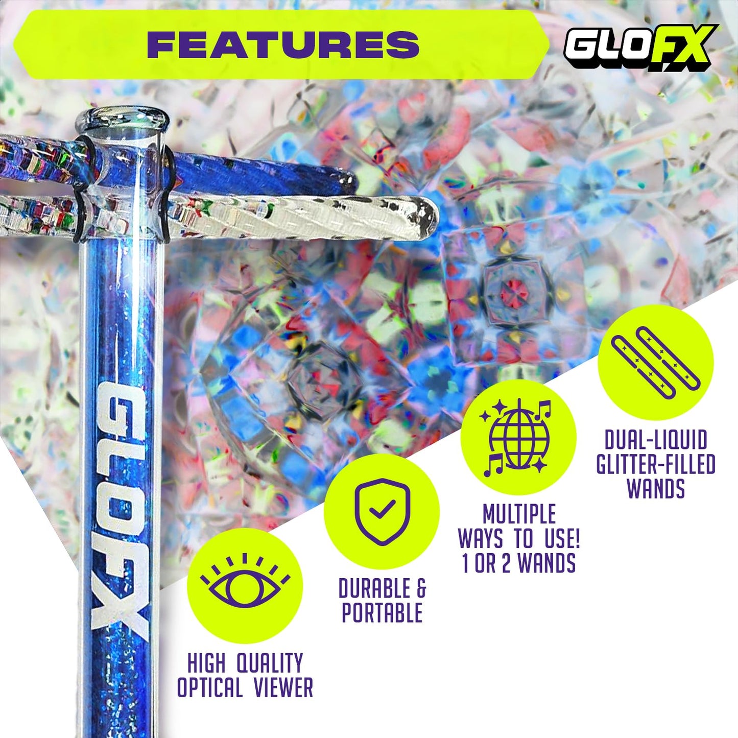 GloFX 7.5-inch Blue Liquid X Kaleidoscope Tube - Colorful Kaleidoscopes for Adults, Flow Toys Rave Glitter Wands - Sensory Glitter Wands and Rave Toys