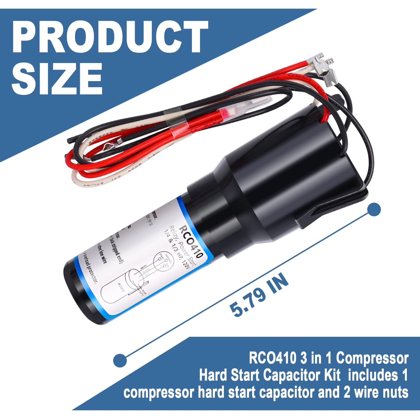 Wadoy RCO410 3 in 1 Compressor Hard Start Capacitor Kit For Refrigerators & Freezers 1/4-1/3 H.P. 115VAC