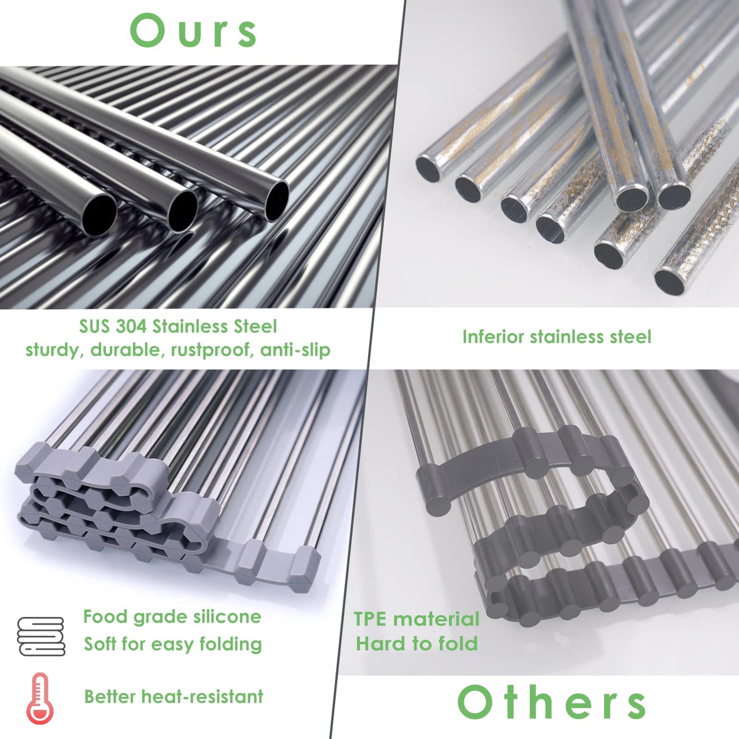 Tomorotec Roll Up Dish Drying Rack Over The Sink Grey Large Dish Drying Rack Rolling Foldable Collapsible SUS304 Stainless Steel Multipurpose Dish Drainer for Kitchen Counter (21”x15.7”)