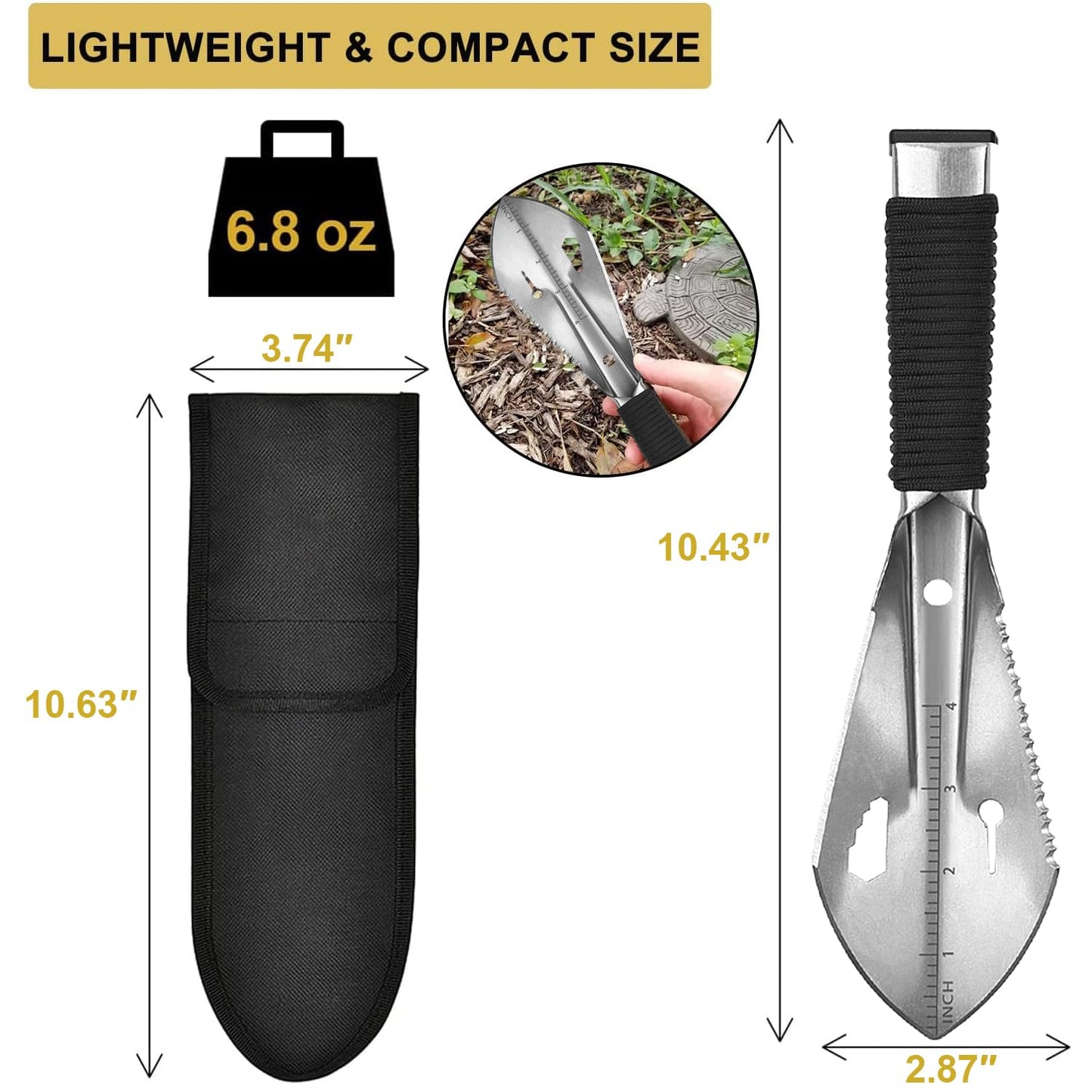 Yeacool Backpacking Shovel, Camping Hand Trowel, Lightweight Hiking Shovel, Small Potty Multitool with Carrying Pouch for Digging, Metal Detecting, Gardening, Survival and Outdoor