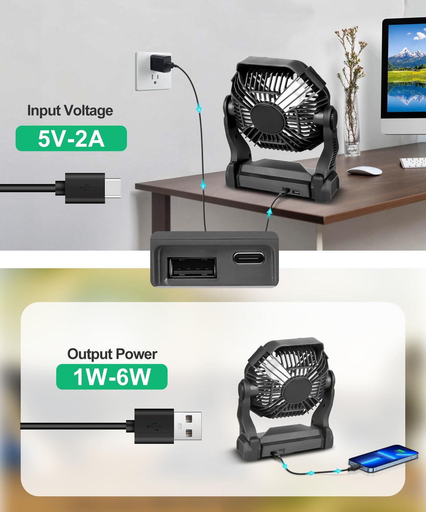 CONBOLA Solar Fans for Outside,Camping Fan, Portable Fans Rechargeable 9-Inch Battery Powered (180Hrs) LED Lantern, USB C Battery Beach Fan.