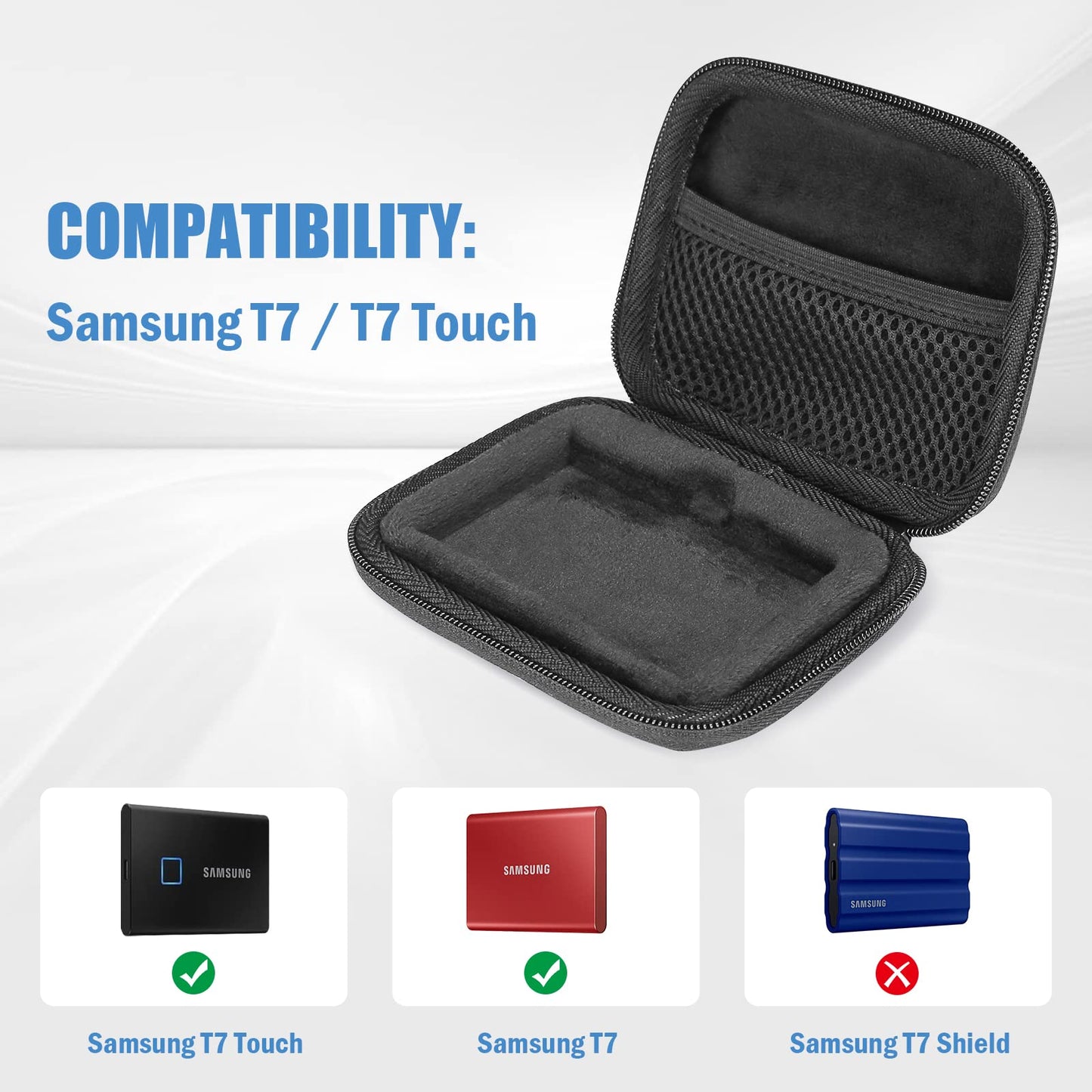 ProCase Hard Carrying Case Compatible for Samsung T7/ T7 Touch Portable SSD with 2 Cable Ties, Shockproof Travel Organizer for 500GB 1TB 2TB USB 3.2 External Solid State Drives -Black