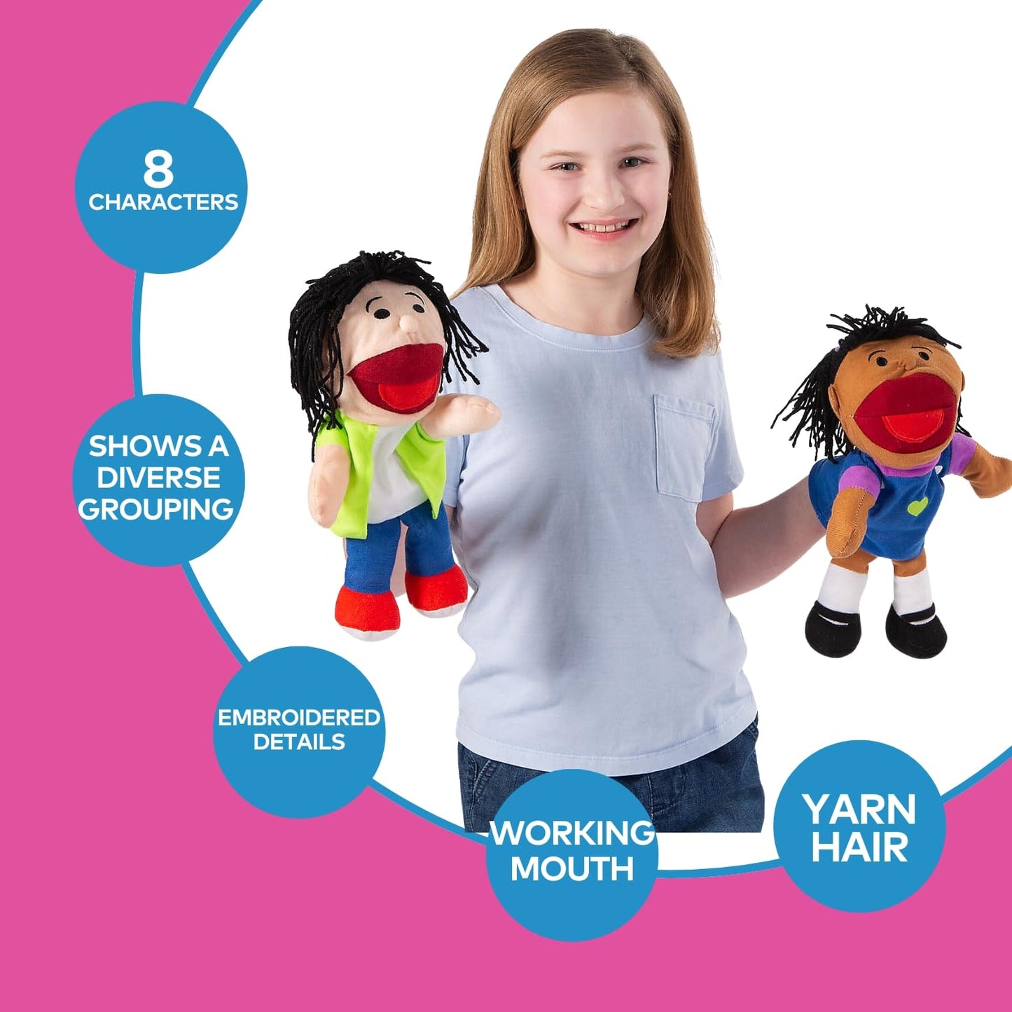 Fun Express 14" Happy Kids Stuffed Hand Puppets with Movable Mouths - 8 Puppets - Multicultural - Great for School and Home