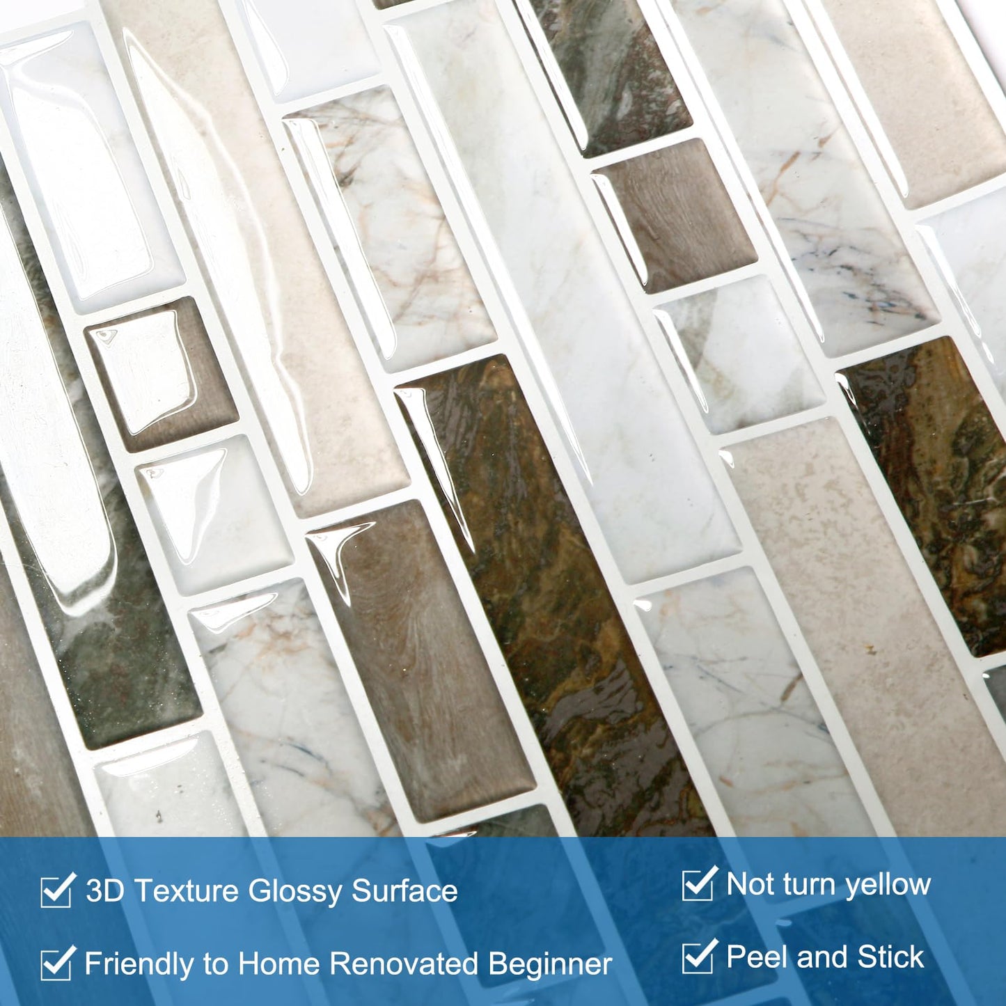 Yipscazo 10 Sheets Peel and Stick Backsplash for Kitchen Wall, 12''x12'' Waterproof Stick on Backsplash Smart Tiles for Bathroom,Removable Backsplash Wall Tiles in Brown