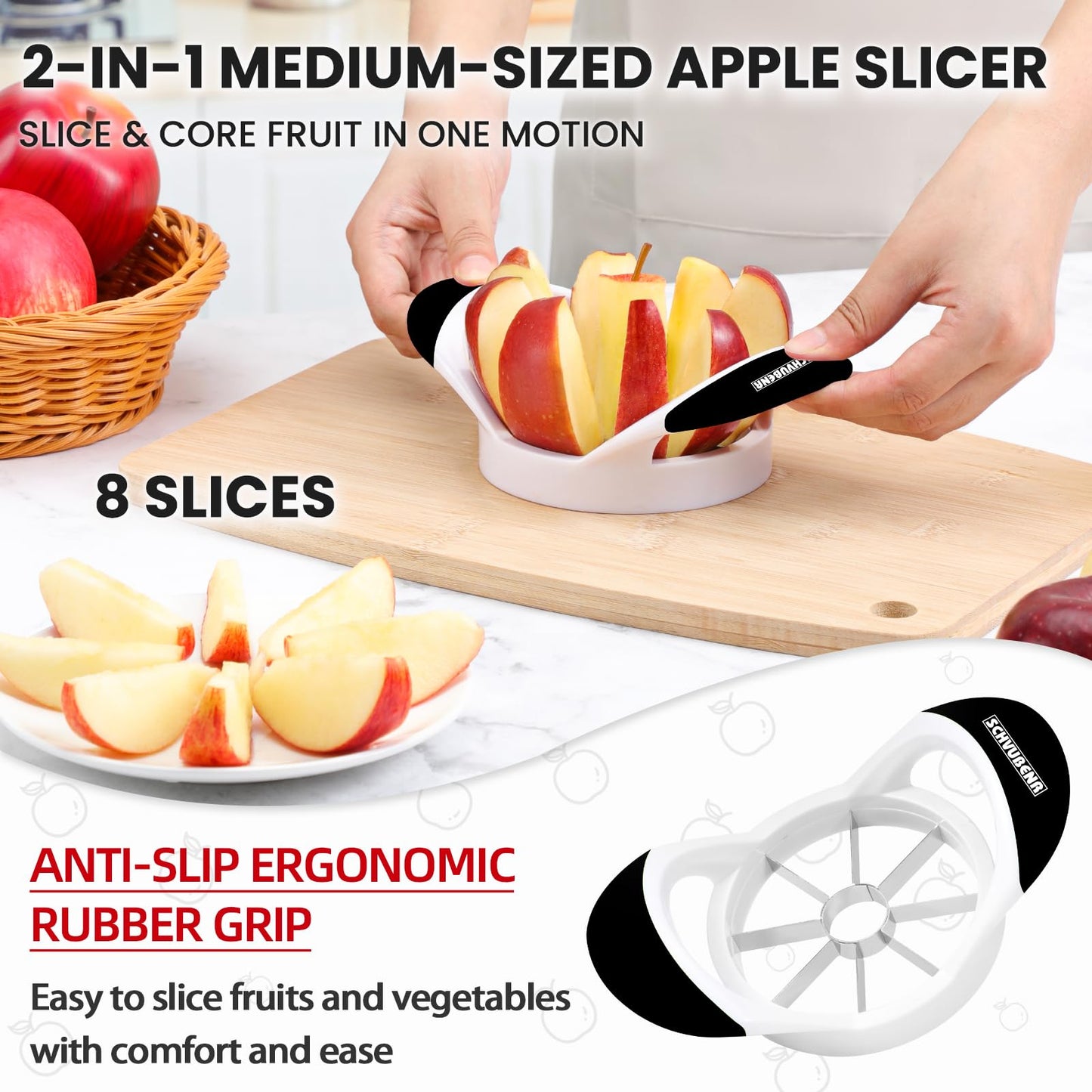 SCHVUBENR 3.5 Inch Apple Slicer - Professional Apple Cutter - Stainless Steel Apple Corer - Super Sharp Apple Slicer and Corer - Apple Tool with 8 Sharp Blades(Black)